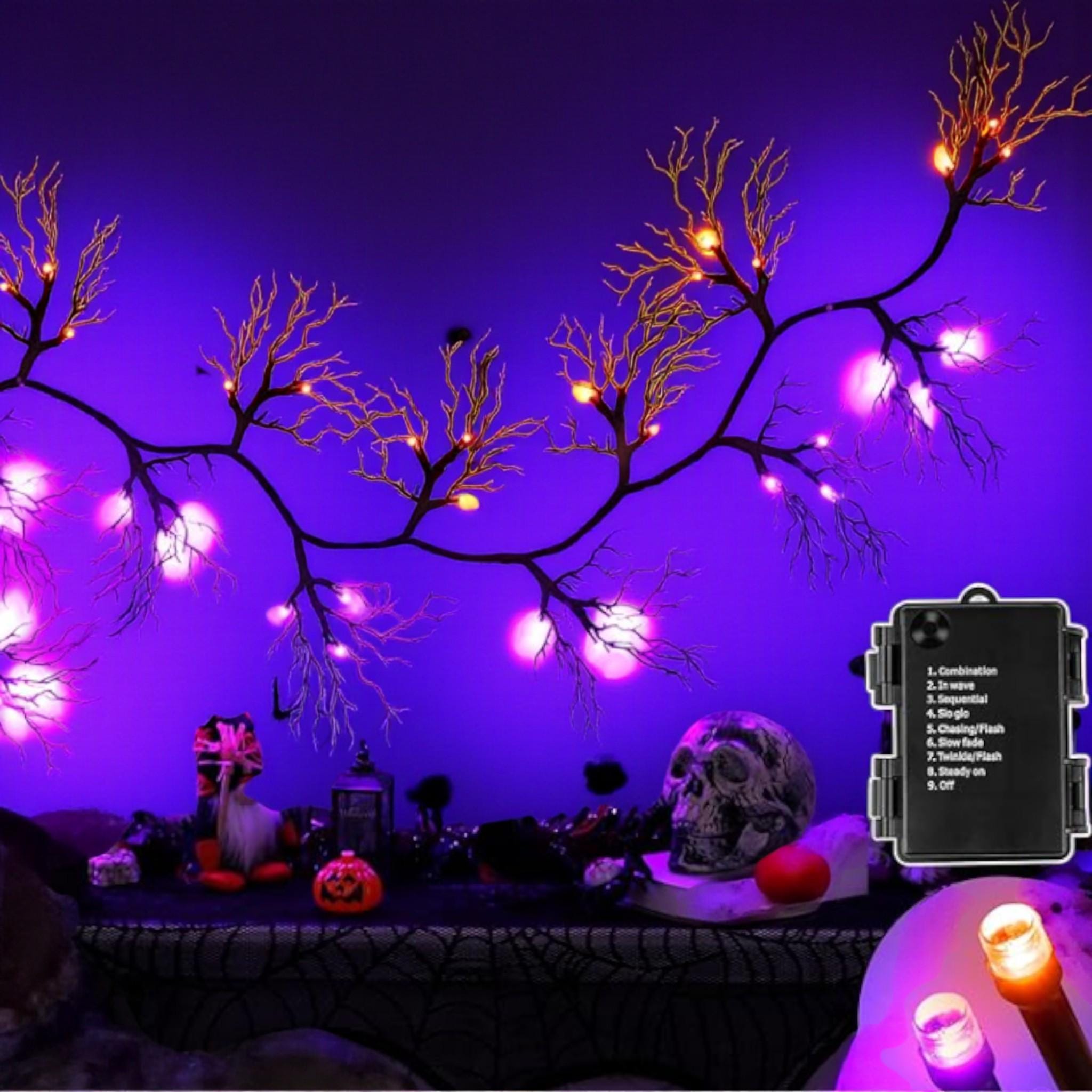 6FT Halloween Willow Vine Garland, 45 LED Black Twig Lights with Orange & Purple, Timer 8 Modes, Battery Indoor Wall Mantle Decor