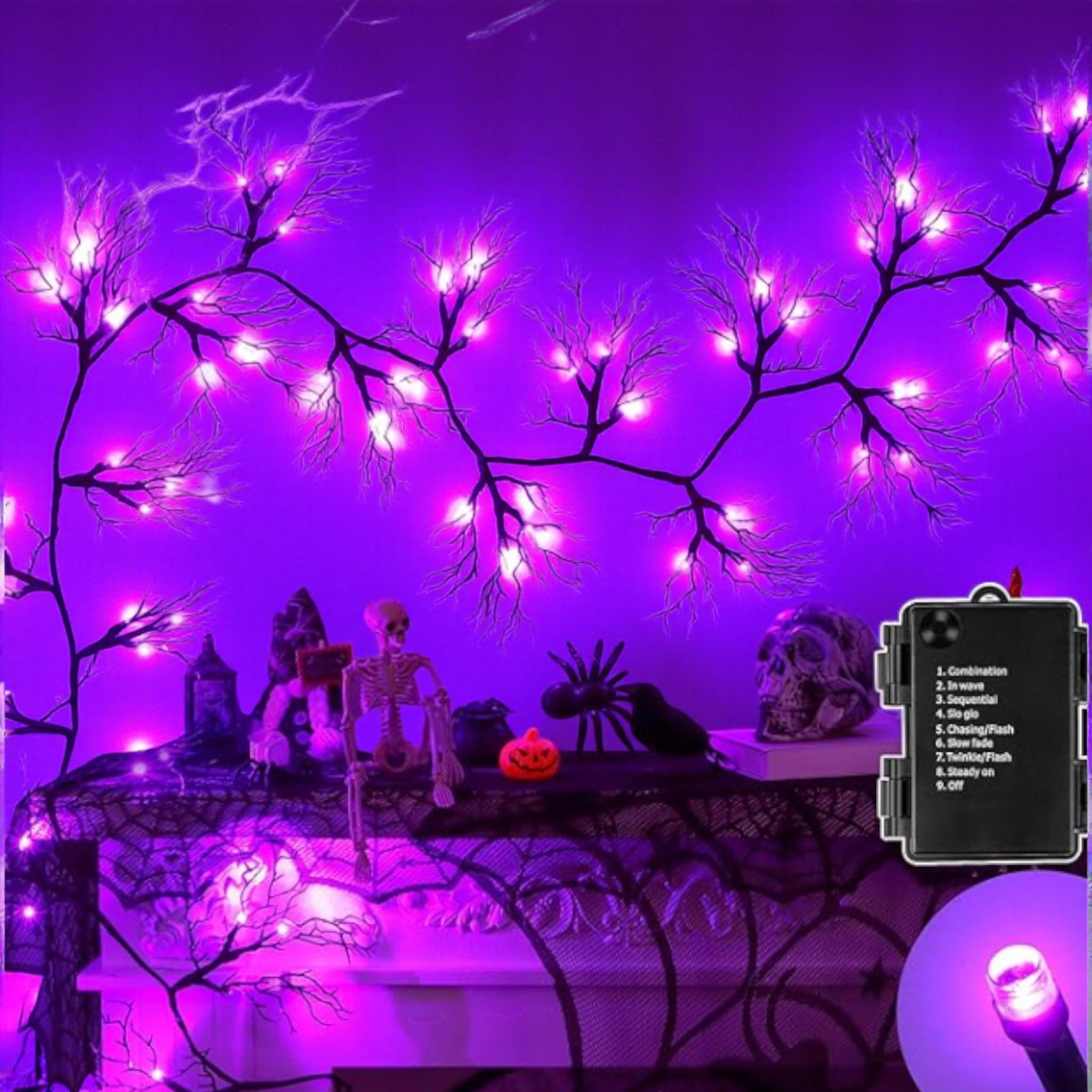 6FT Halloween Willow Vine Garland, 45 LED Black Twig Lights with Orange & Purple, Timer 8 Modes, Battery Indoor Wall Mantle Decor