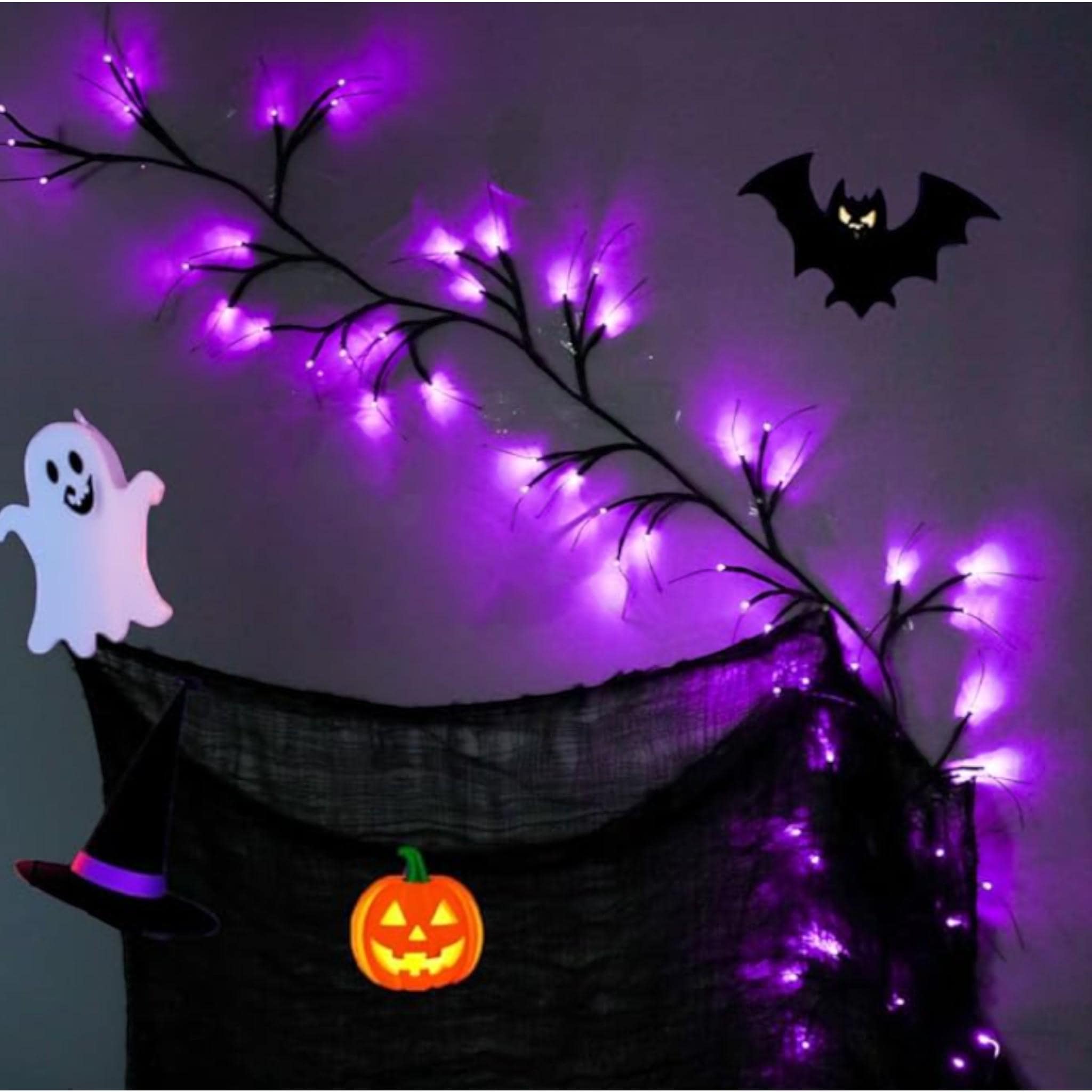 Halloween Willow Garland with Purple LED Lights & Bats - 9 FT