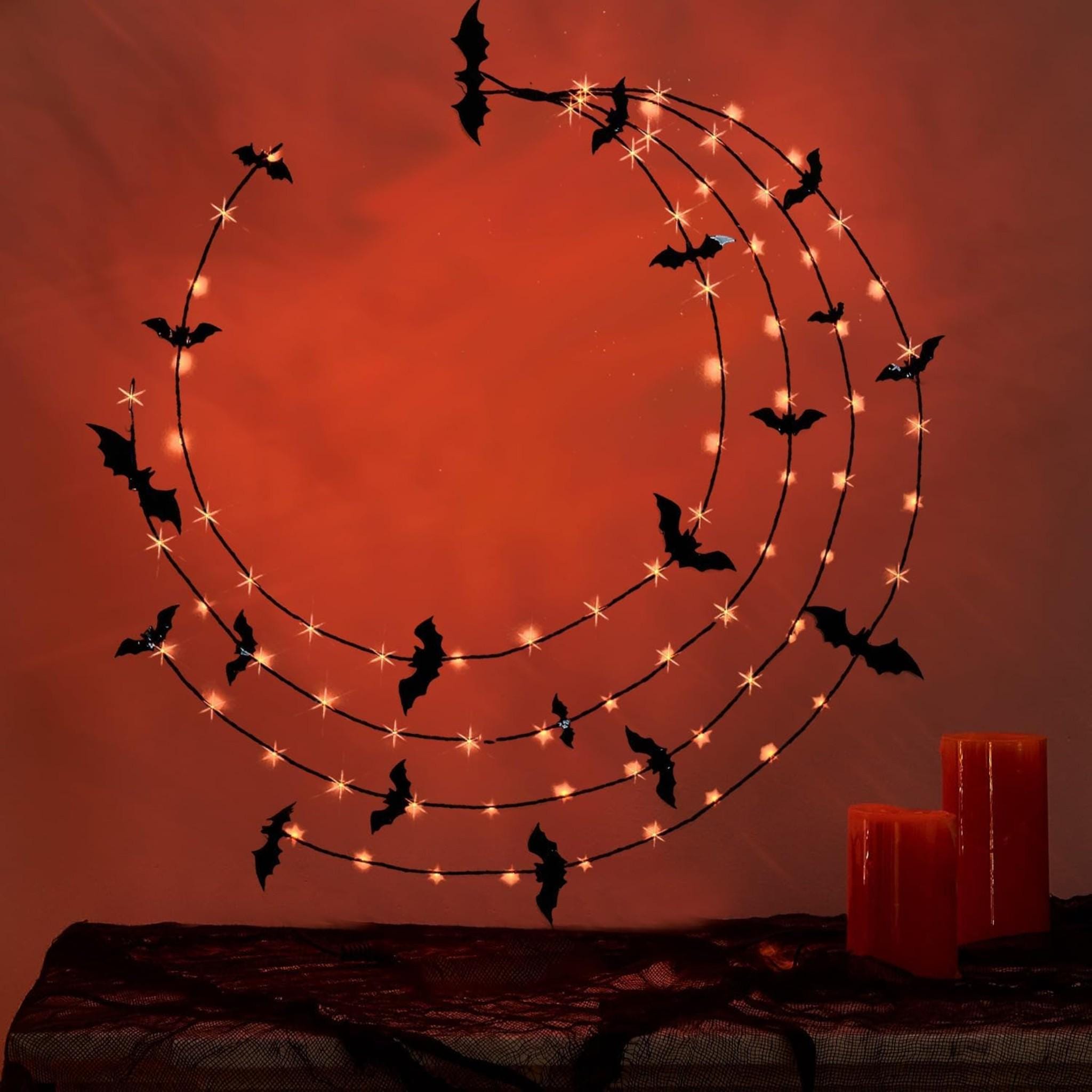 Lighted Halloween Garland, 6FT Bat Decor, Orange LED Lights, Timer