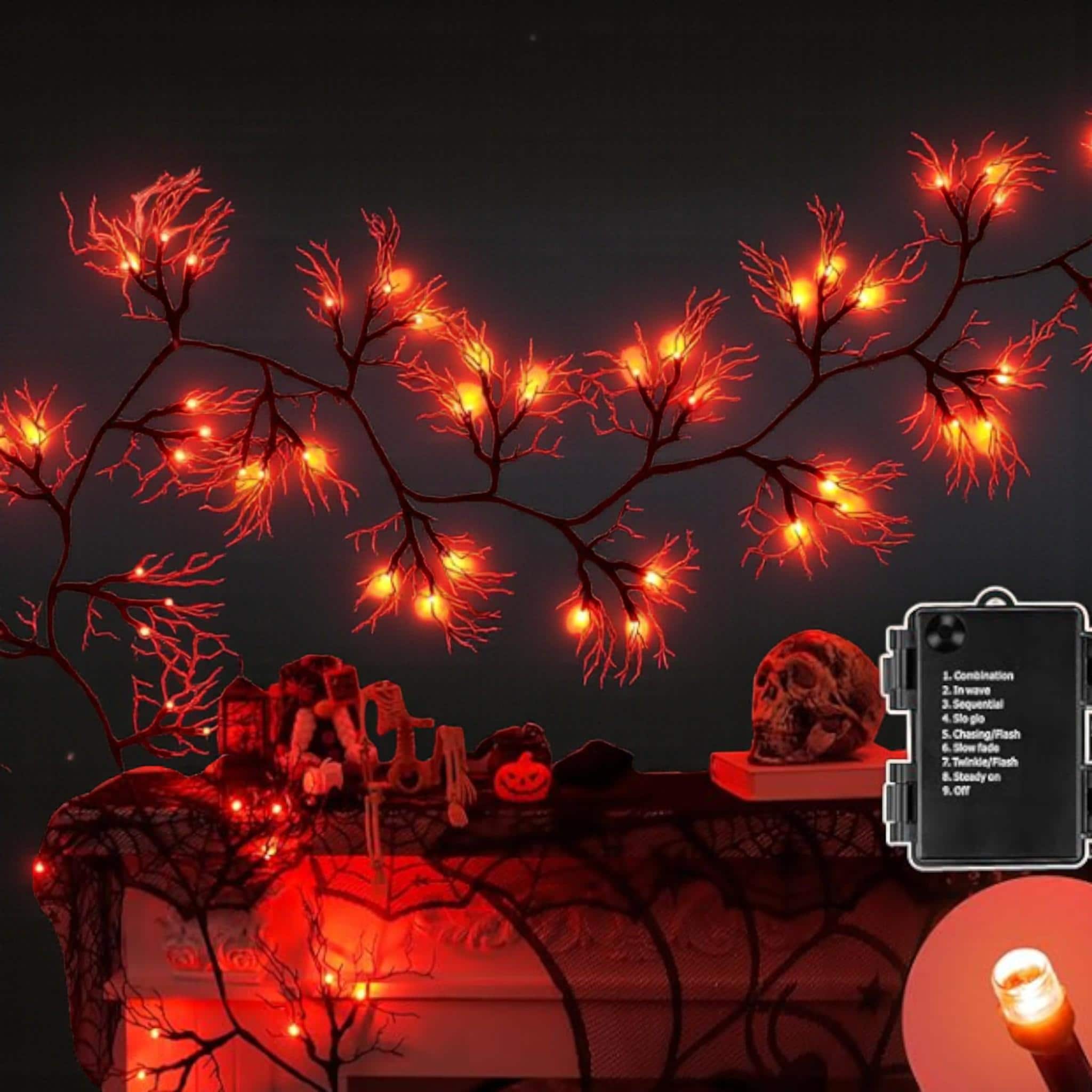 6FT Halloween Willow Vine Garland, 45 LED Black Twig Lights with Orange & Purple, Timer 8 Modes, Battery Indoor Wall Mantle Decor