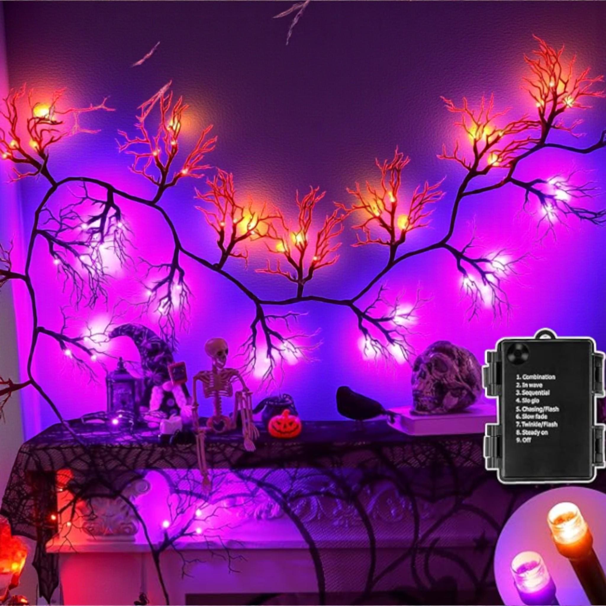 6FT Halloween Willow Vine Garland, 45 LED Black Twig Lights with Orange & Purple, Timer 8 Modes, Battery Indoor Wall Mantle Decor