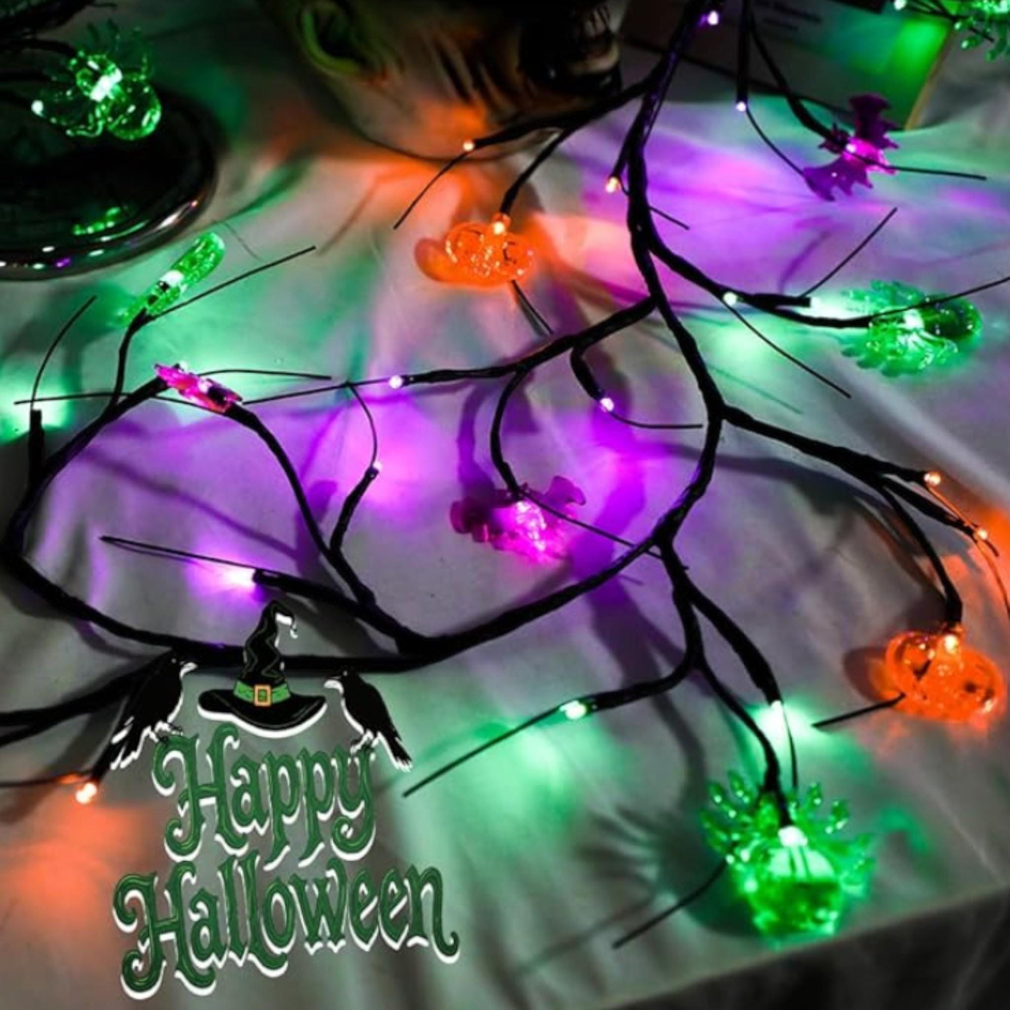 Halloween Willow Garland with Purple LED Lights & Bats - 9 FT
