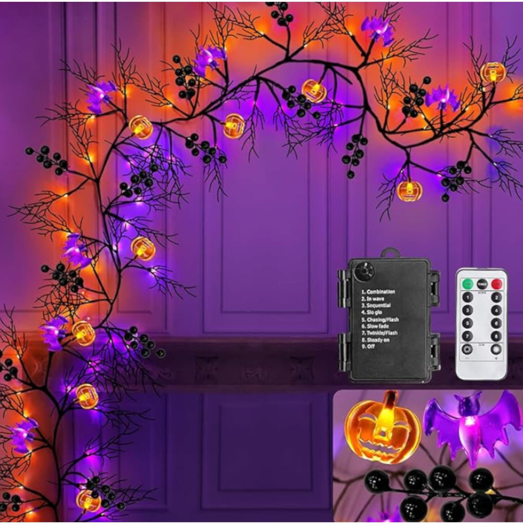 Halloween Willow Garland with Purple LED Lights & Bats - 9 FT
