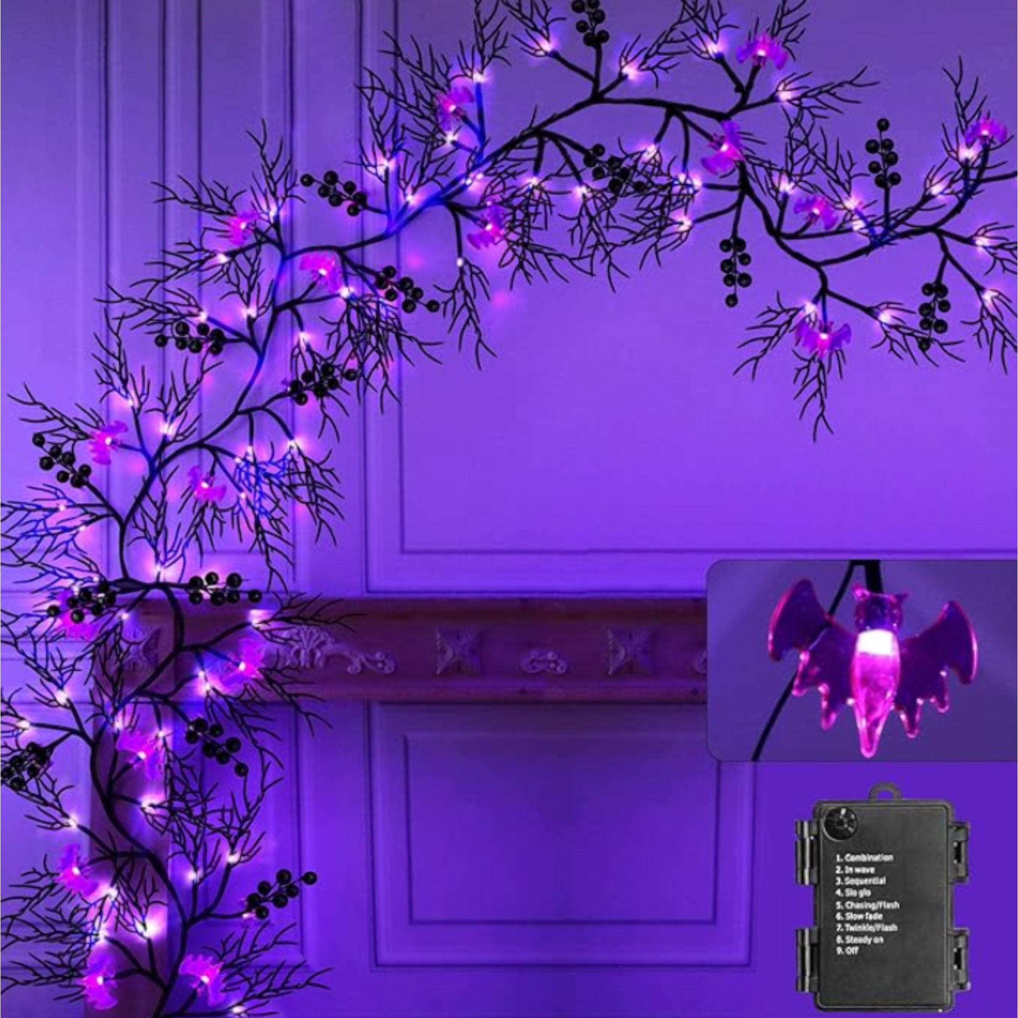 Halloween Willow Garland with Purple LED Lights & Bats - 9 FT