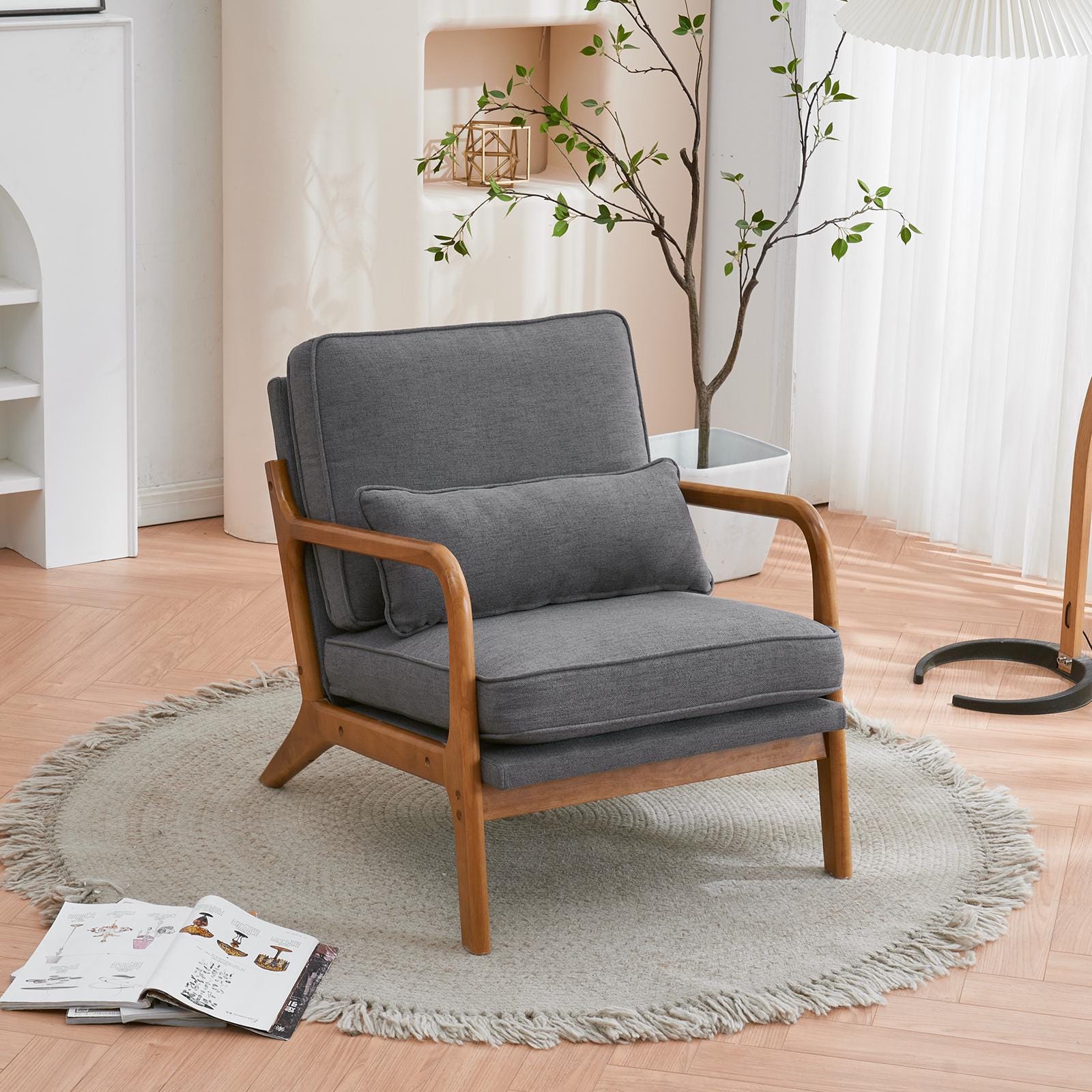 Oak Armrest Lounge Chair: Dark Grey Upholstered Mid-Century Modern Style