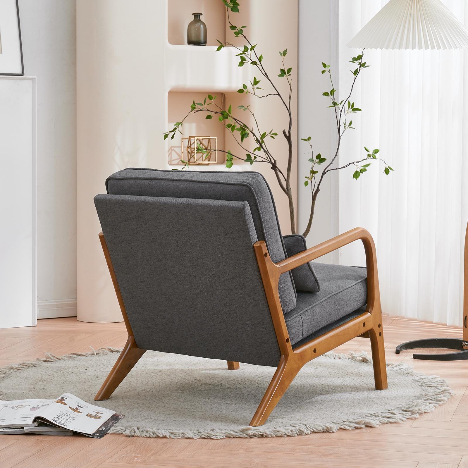 Oak Armrest Lounge Chair: Dark Grey Upholstered Mid-Century Modern Style