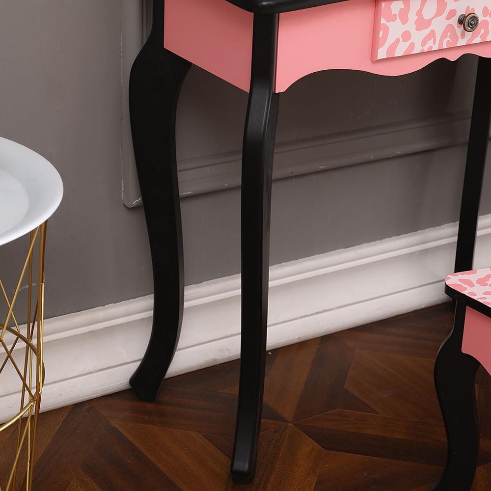 Red Leopard Print Kids Vanity Table with Tri-Fold Mirror