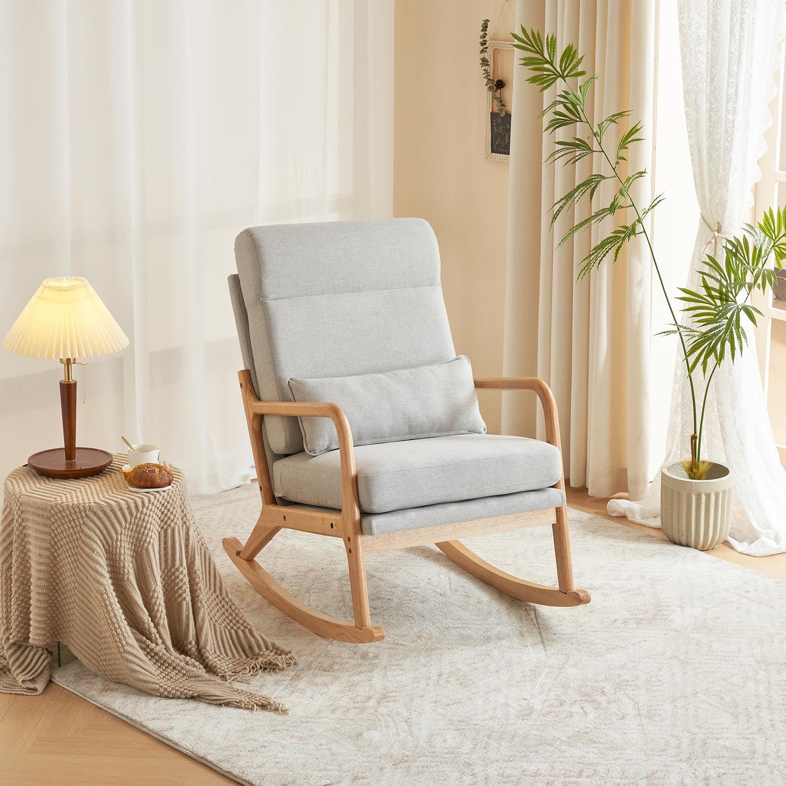 High Back Light Gray Rocking Chair with Solid Wood Armrest, Iron Frame, Linen Upholstered Seat, Dual-Use Indoor Armchair with Lumbar Pillow