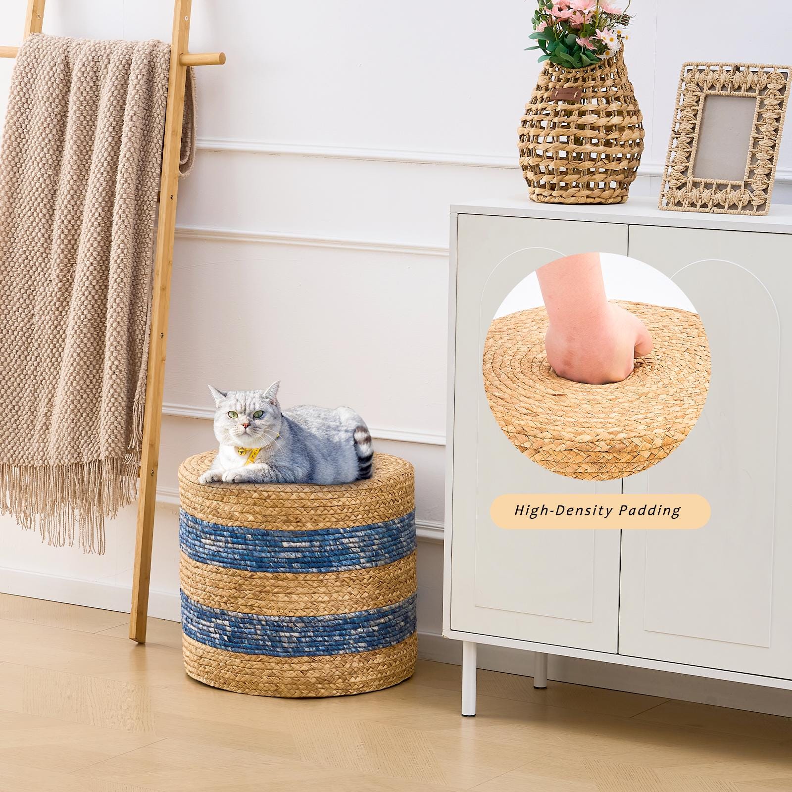 Handmade Woven Water Hyacinth Foot Stool Ottoman Natural Eco-Friendly Rustic Home Decor Low Seat Handcrafted Accent Chair