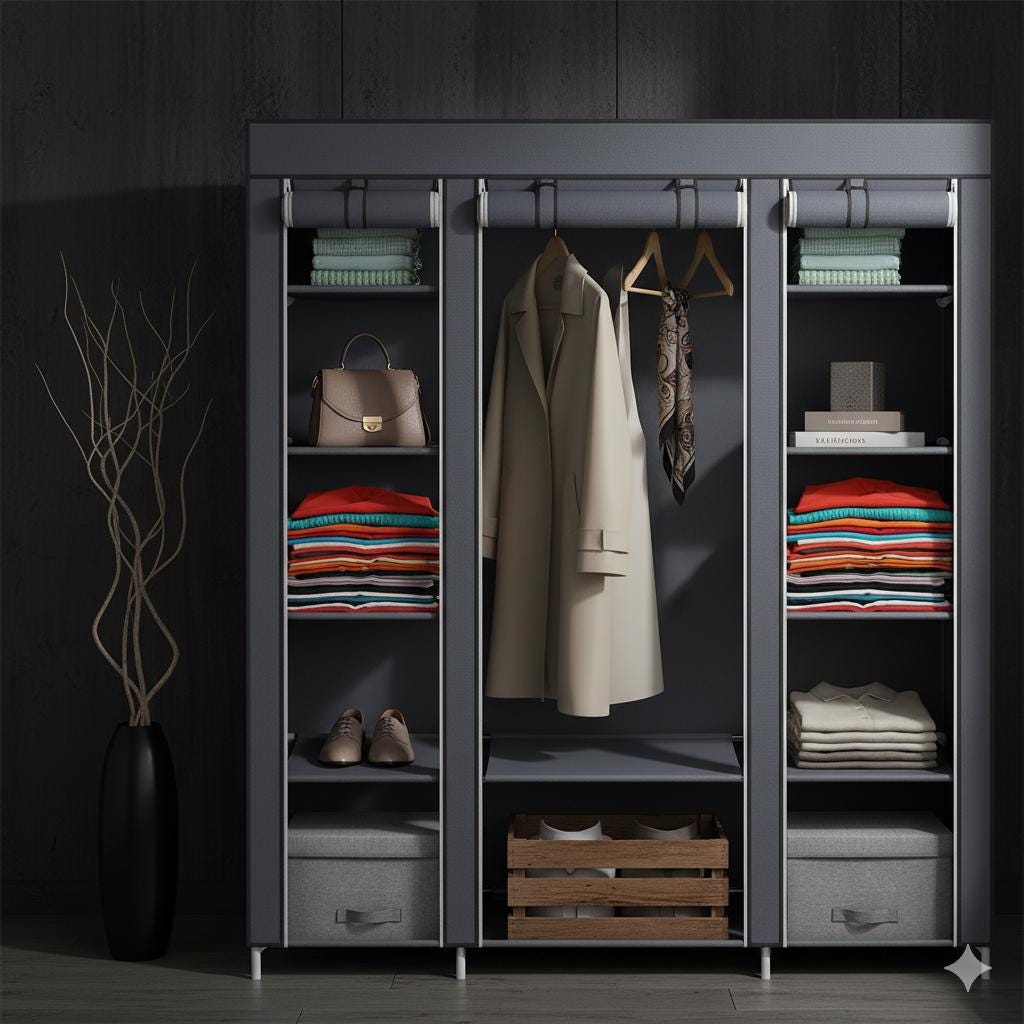 Portable Clothes Closet: 69" Gray Non-Woven Fabric Wardrobe Organizer