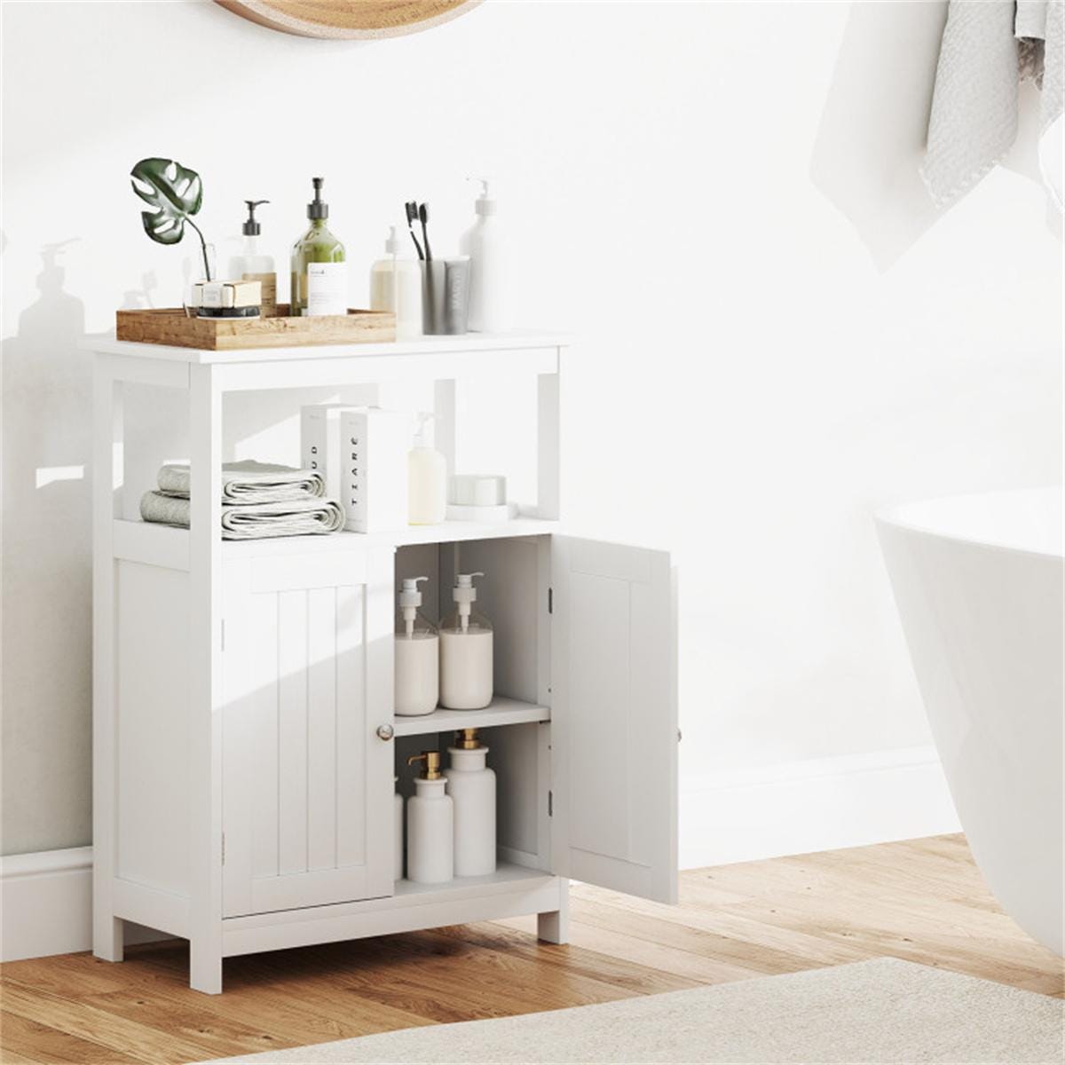 White MDF Bathroom Floor Cabinet with Adjustable Shelves