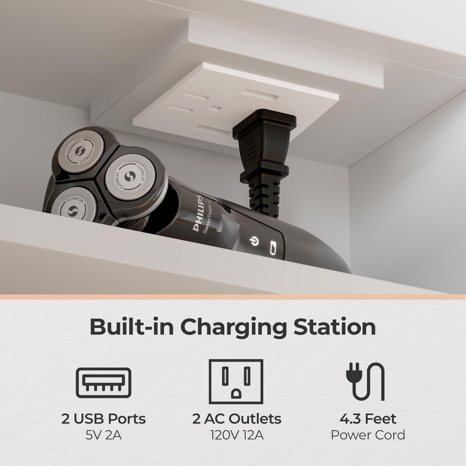 White LED Mirror Cabinet with Time & Temp Display | Wall Storage Cabinet w/ USB Ports, 3-Tone Light, Glass Doors, Bathroom Vanity