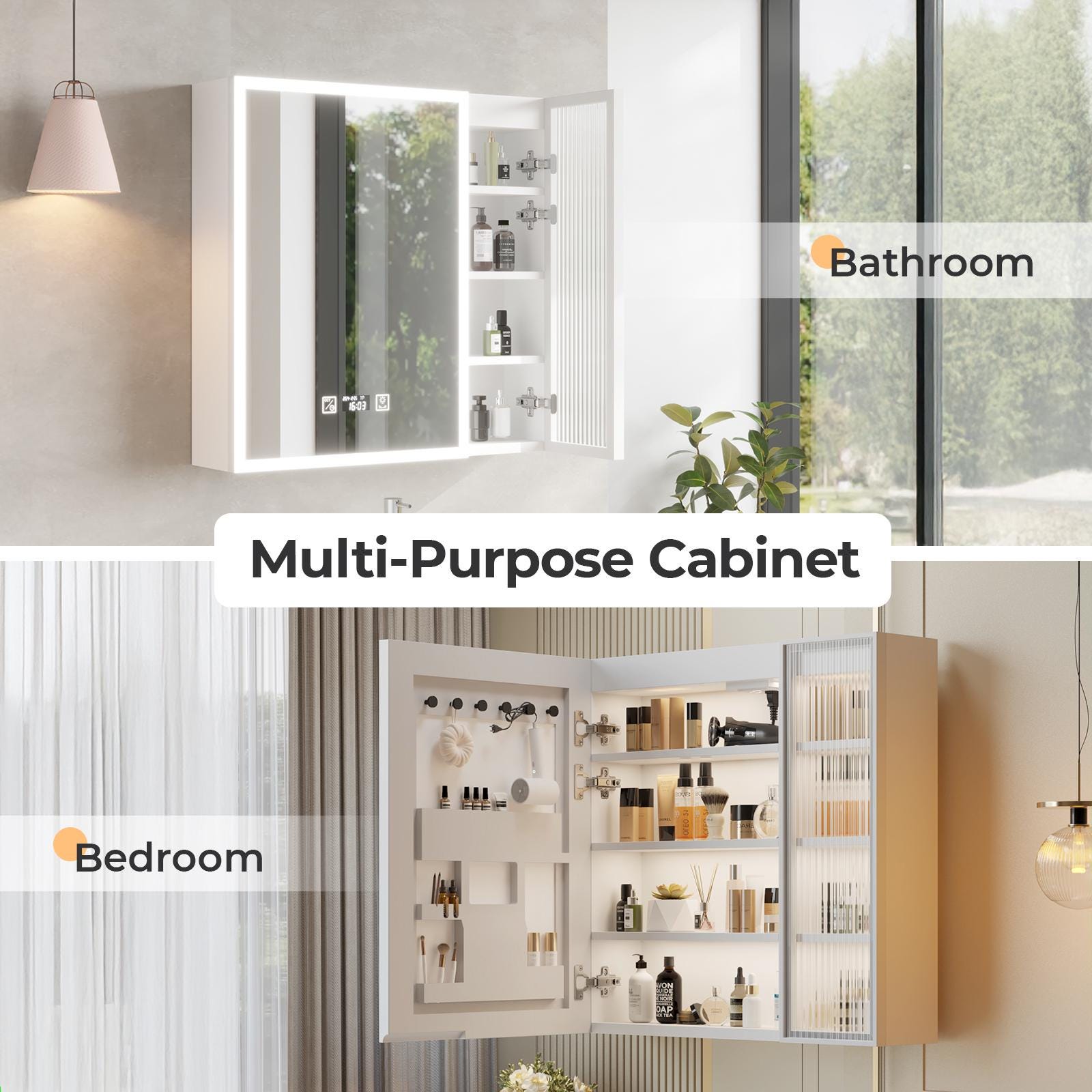 White LED Mirror Cabinet with Time & Temp Display | Wall Storage Cabinet w/ USB Ports, 3-Tone Light, Glass Doors, Bathroom Vanity