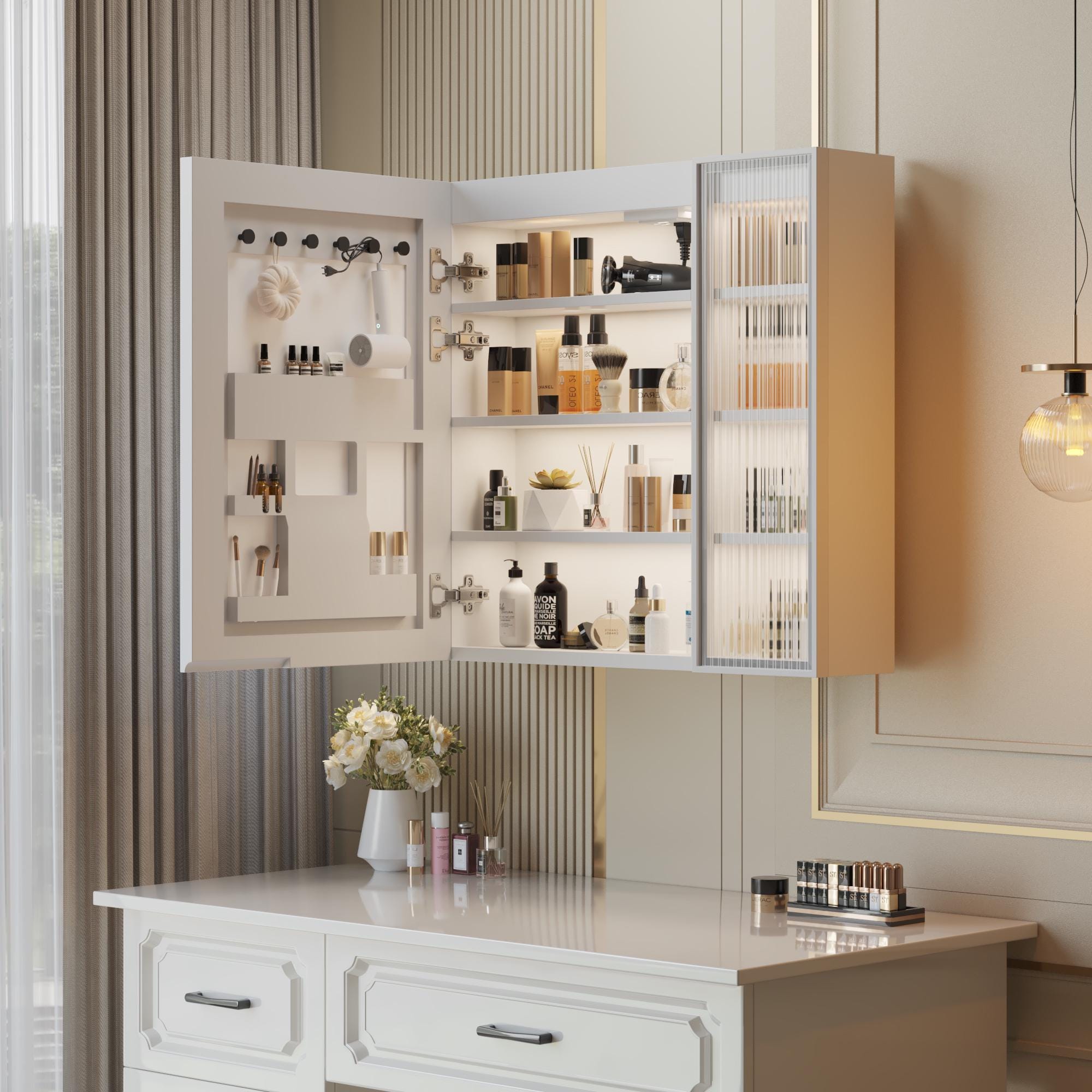 White LED Mirror Cabinet with Time & Temp Display | Wall Storage Cabinet w/ USB Ports, 3-Tone Light, Glass Doors, Bathroom Vanity