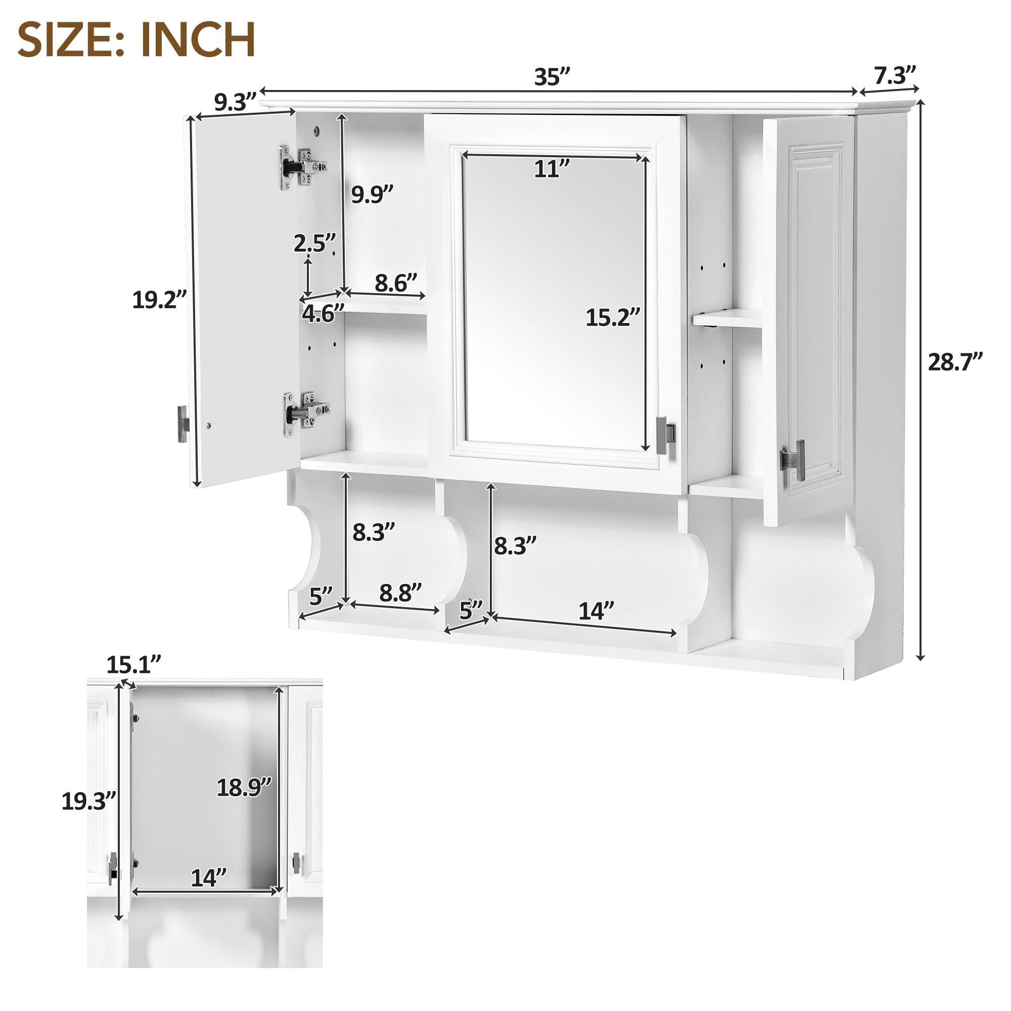 35x28 Wall Mounted Bathroom Medicine Cabinet with Mirror & Open Shelves | White MDF Modern Vanity Mirror Cabinet Storage Organizer