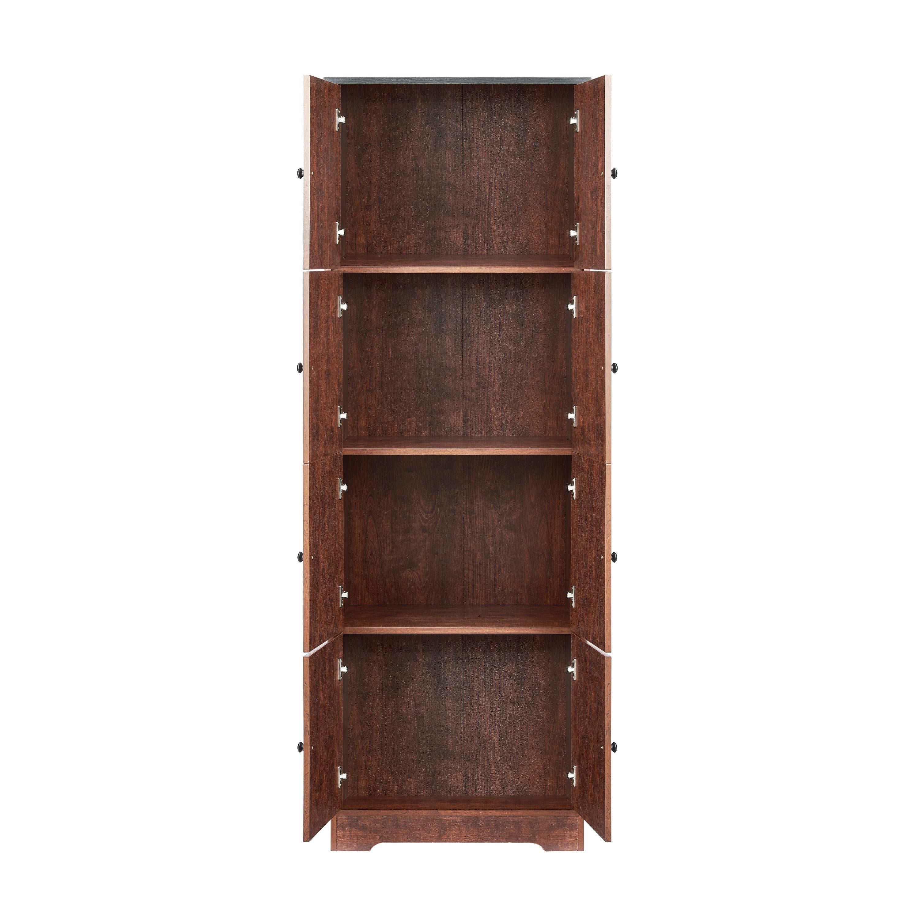 Tall Storage Cabinet 8 Doors 4 Shelves | Walnut Wood Pantry Organizer for Living Room Kitchen Office Bathroom Bedroom Furniture