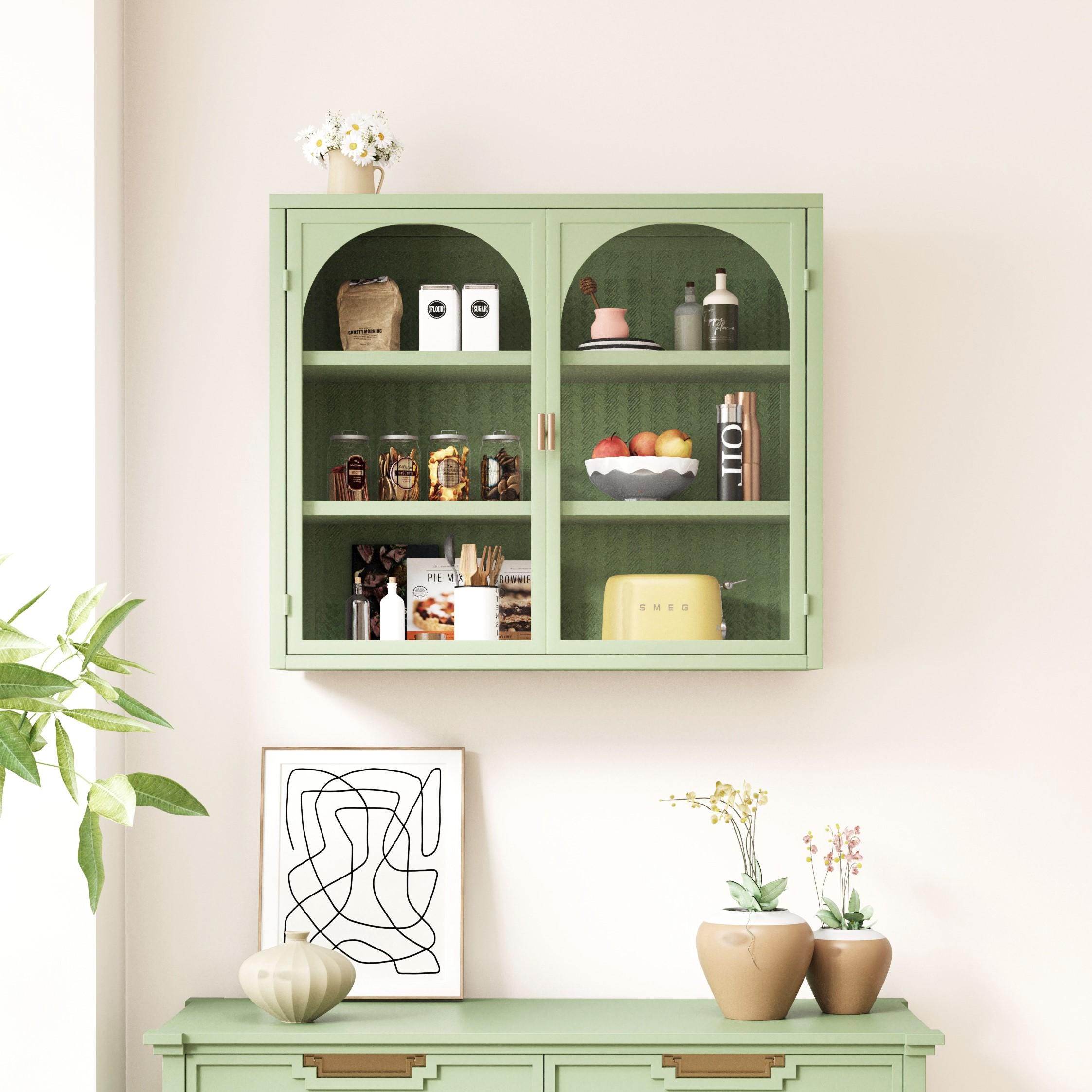 27.56" Two-Door Wall Cabinet with Glass Doors & Woven Pattern | Modern Three-Tier Storage for Entryway Living Room Bathroom Green