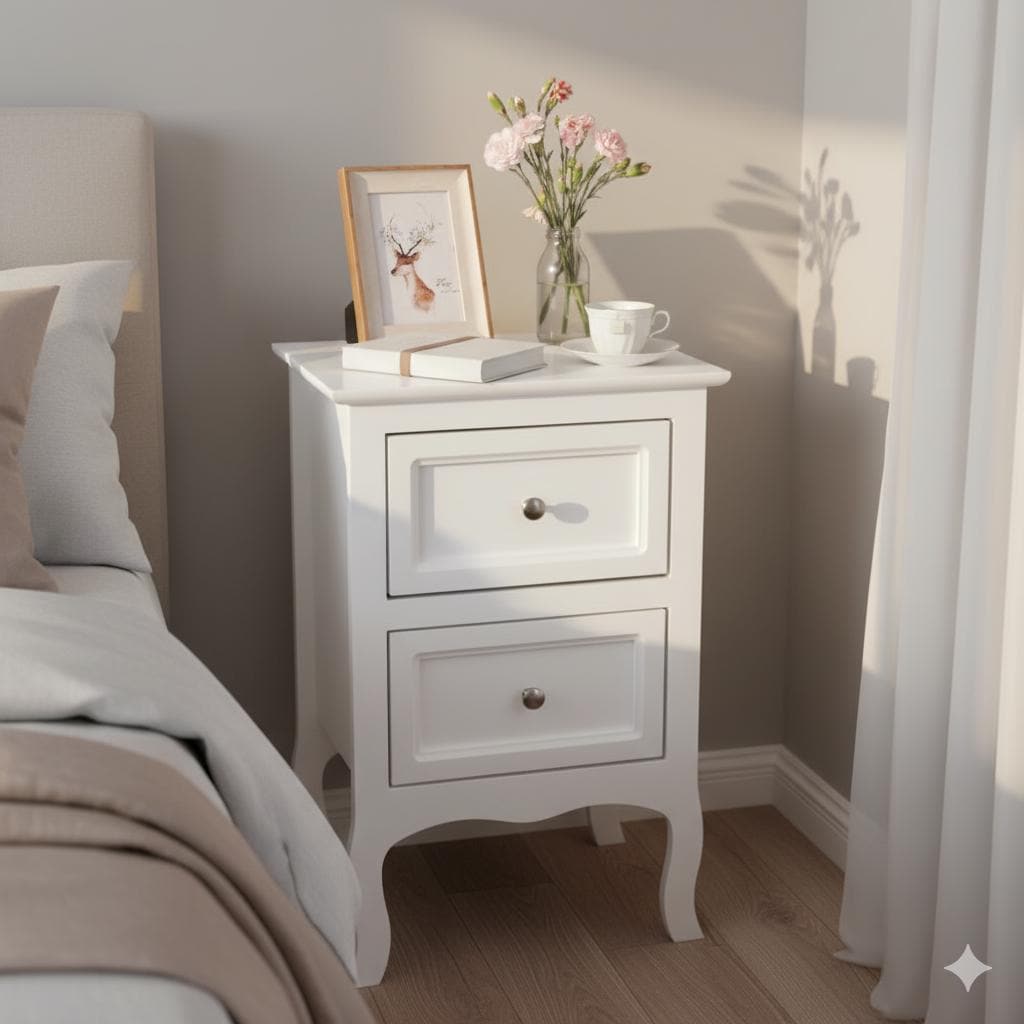 Country Style Two-Tier Night Table White | Rustic Bedroom Side Table Storage Organizer | Bedside Wooden Home Furniture