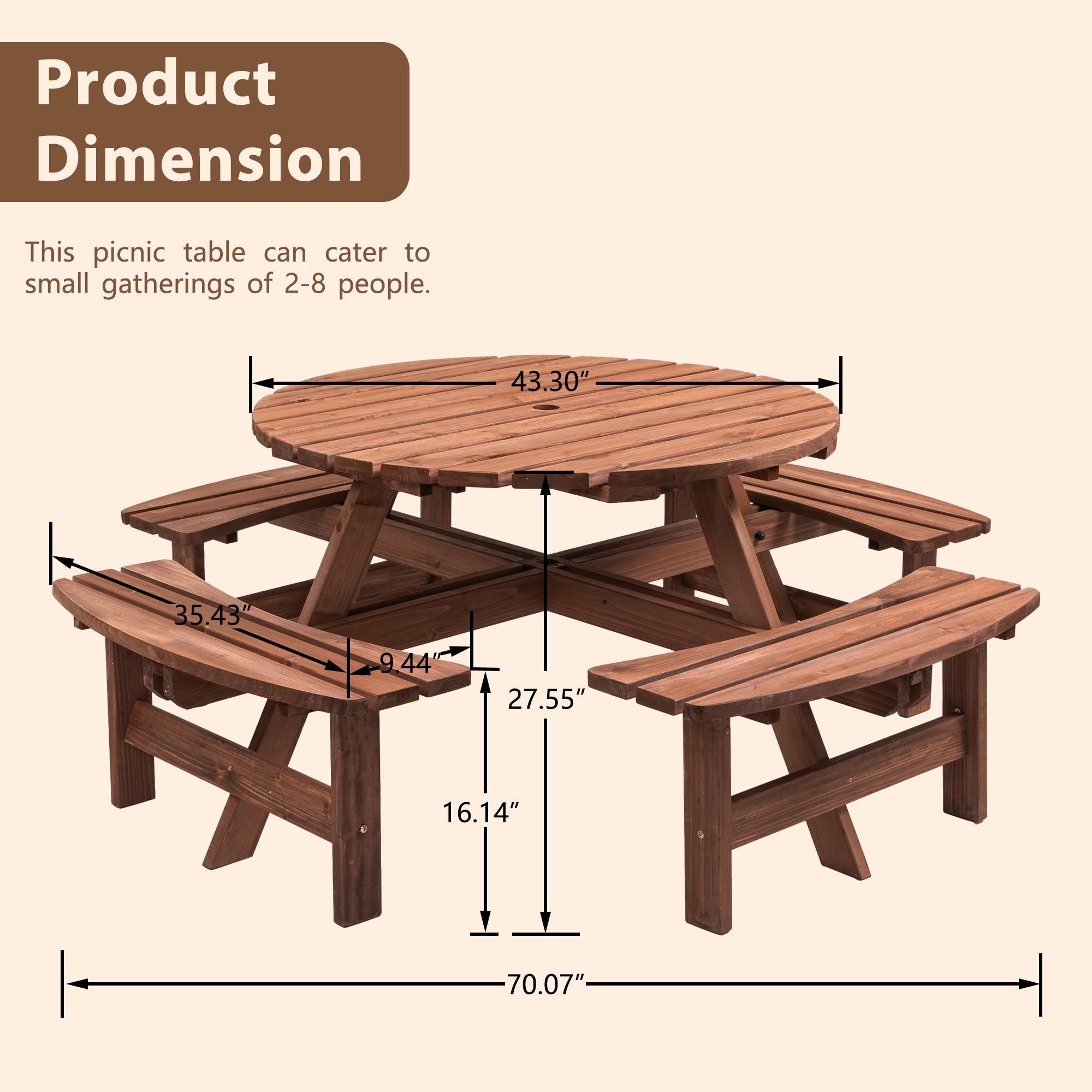8-Person Outdoor Circular Wooden Picnic Table with 4 Built-In Benches | Patio Backyard Garden Dining Table Brown