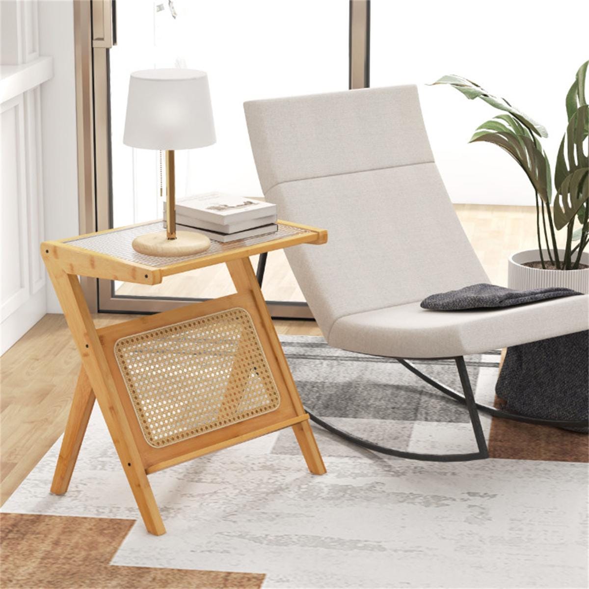 Modern Bamboo Z-Shape Side Table with Glass Top & Rattan Shelf | Small Sofa End Table | Boho Bedside Nightstand for Living Room