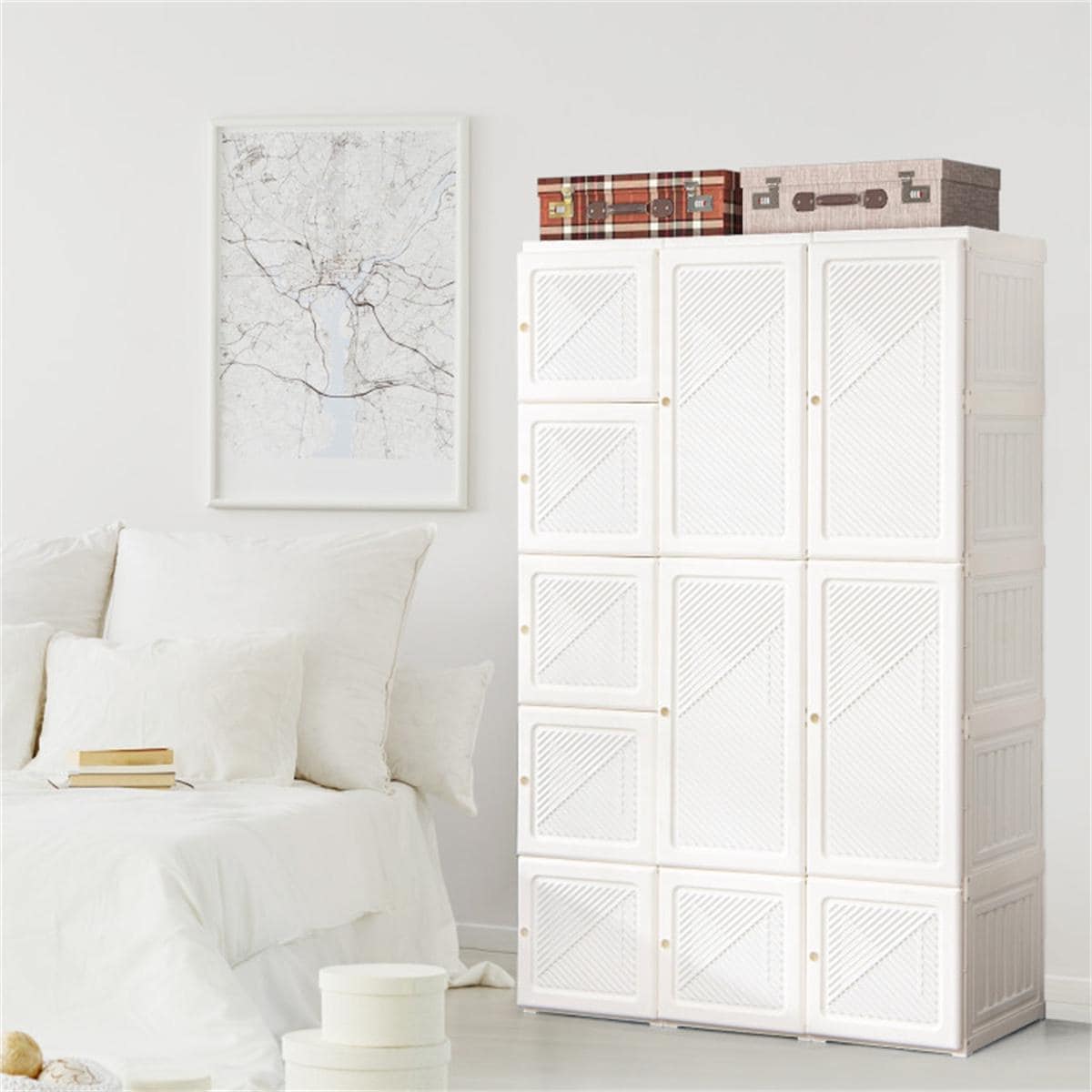 Portable Closet Wardrobe with 10 Cubes | Foldable Modern Armoire Storage Organizer for Clothes, Bedroom, Nursery, Living Room