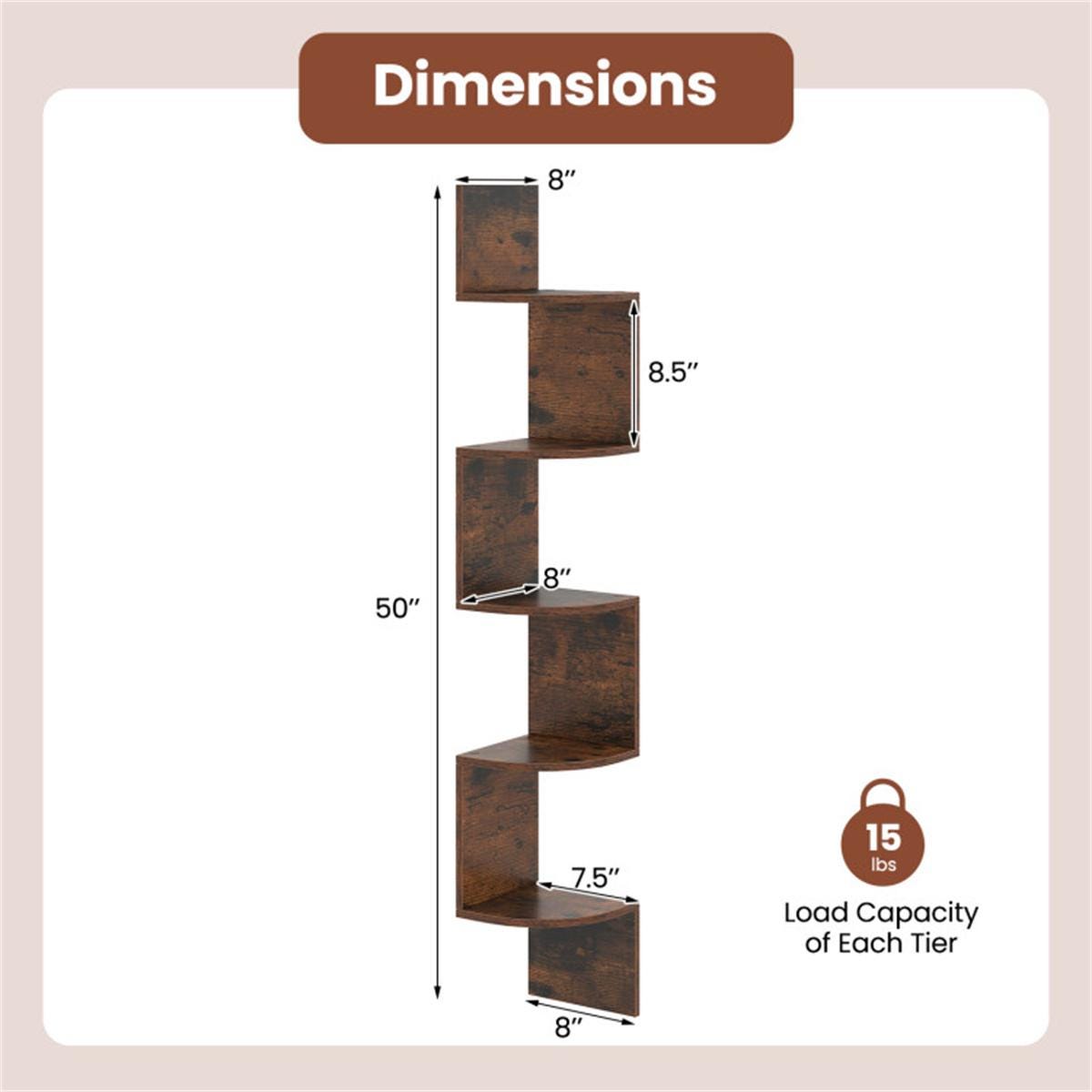 5-Tier Wall Mounted Corner Shelf Rustic Brown | Floating Bookshelf Organizer for Living Room, Bedroom, Kitchen, Office Storage