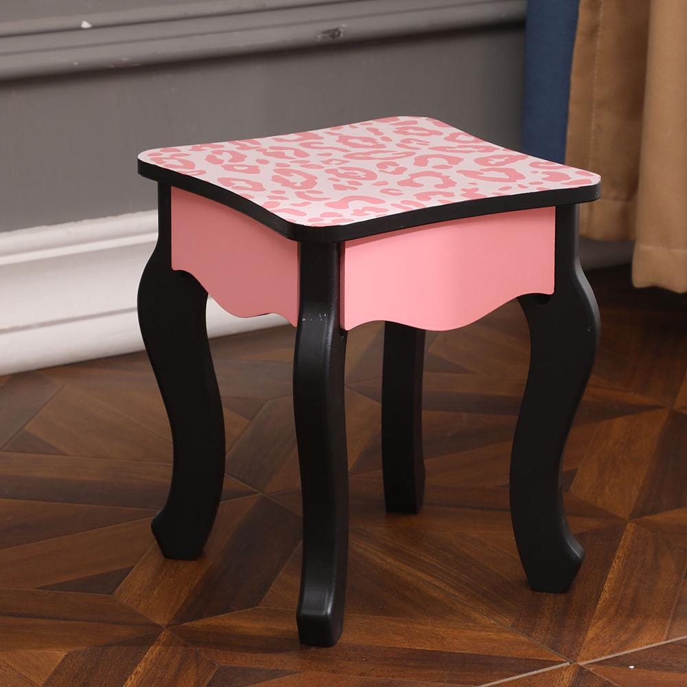 Red Leopard Print Kids Vanity Table with Tri-Fold Mirror