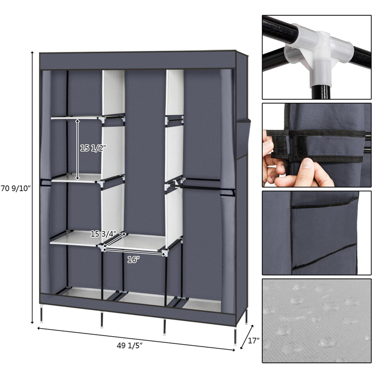 71" Portable Closet Wardrobe Organizer with Shelves, Gray Fabric Clothes Storage Rack