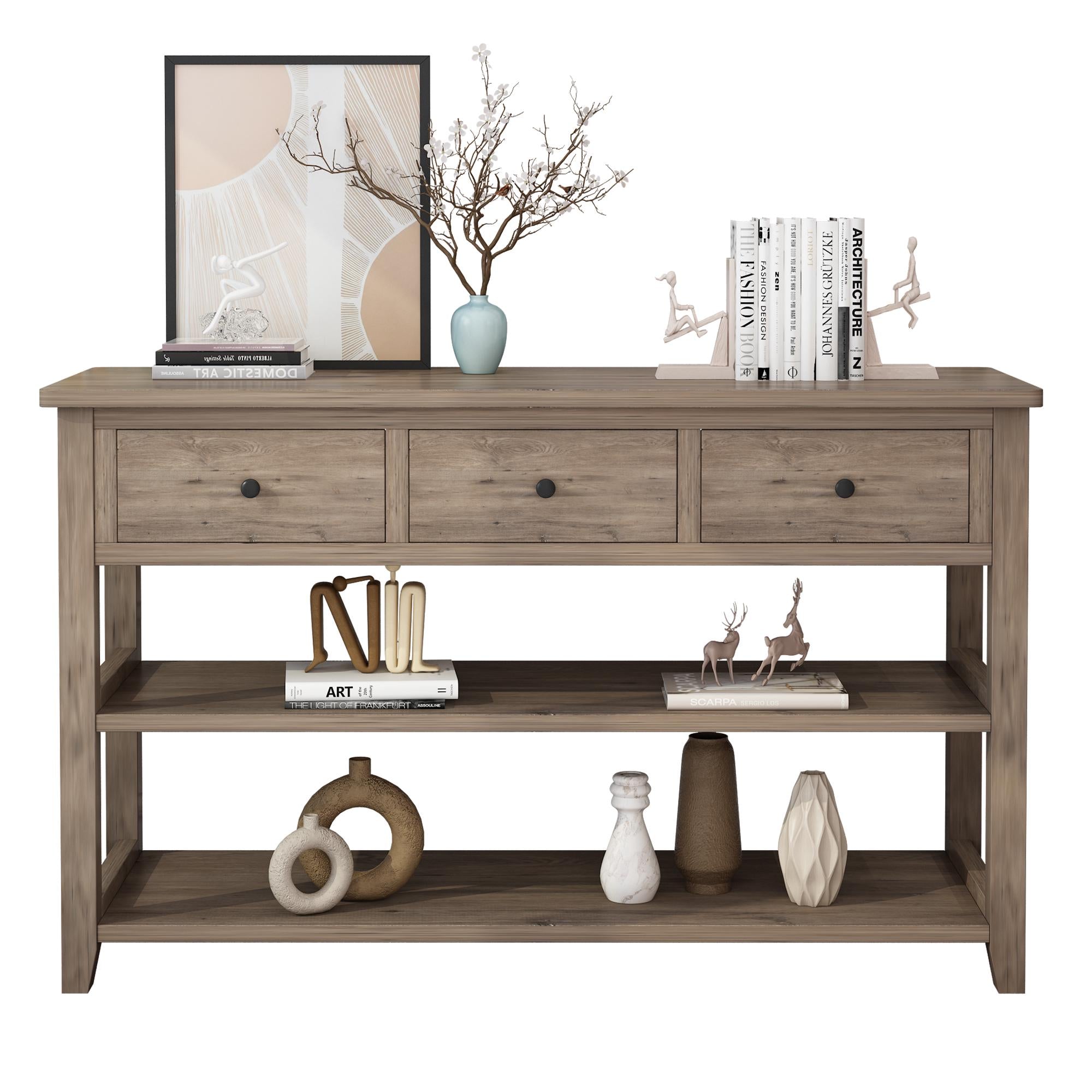Wash Gray Console Table with 3 Drawers  2 Open Shelves, Sofa Table Entryway Table, Wood Frame Accent Table for Living Room & Bedroom