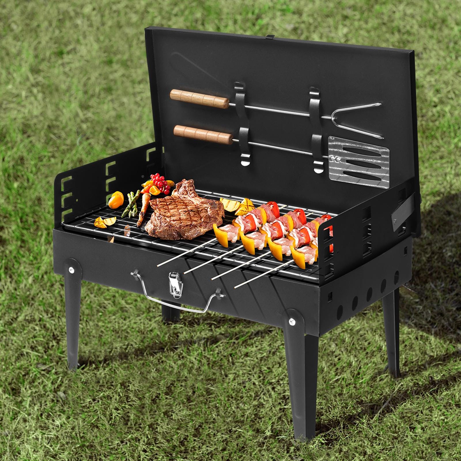 44x27x7cm Portable Charcoal Grill, Folding Outdoor BBQ Grill with Lid, Adjustable Height, Cast Iron Travel, Black