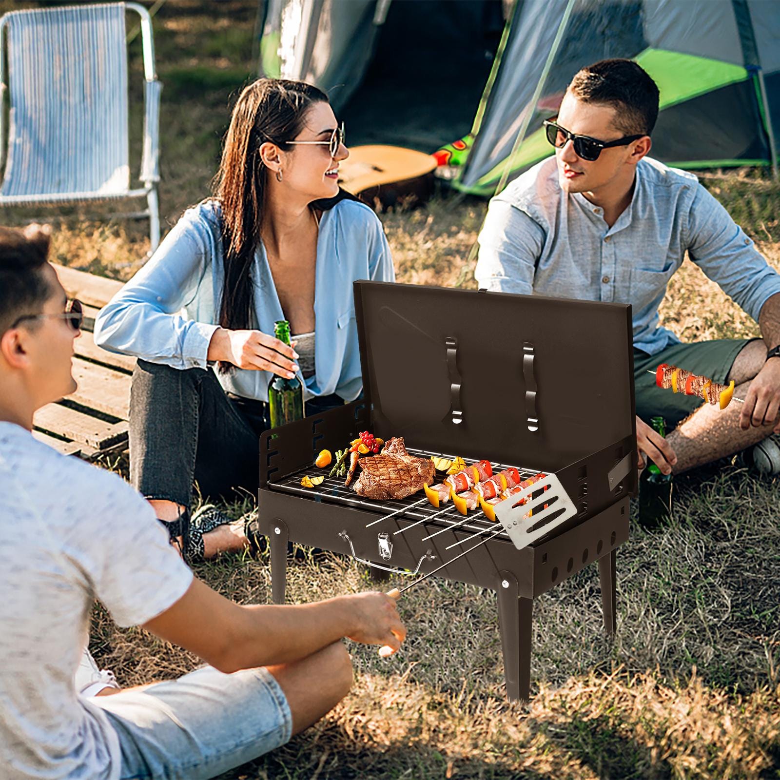 44x27x7cm Portable Charcoal Grill, Folding Outdoor BBQ Grill with Lid, Adjustable Height, Cast Iron Travel, Black