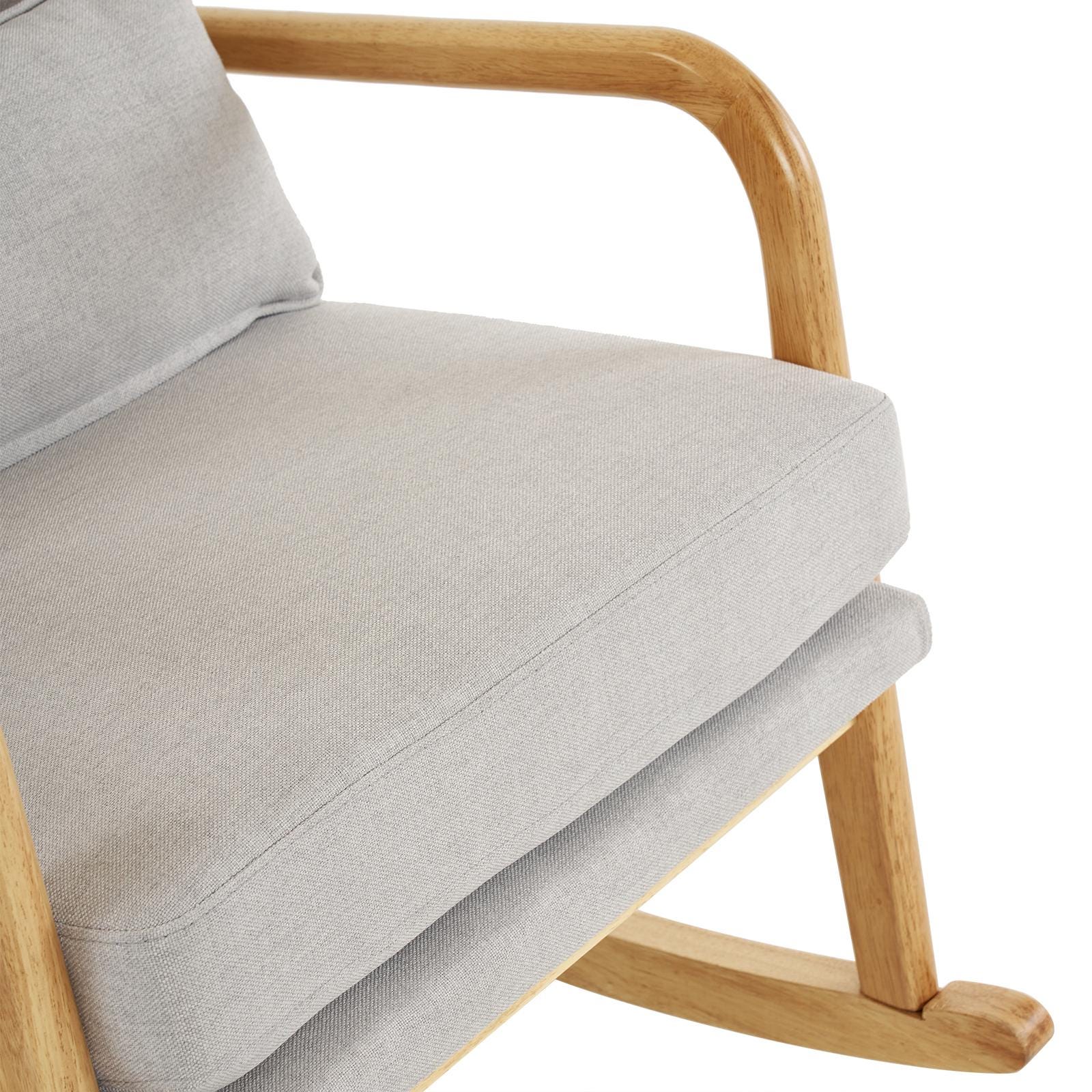 High Back Light Gray Rocking Chair with Solid Wood Armrest, Iron Frame, Linen Upholstered Seat, Dual-Use Indoor Armchair with Lumbar Pillow