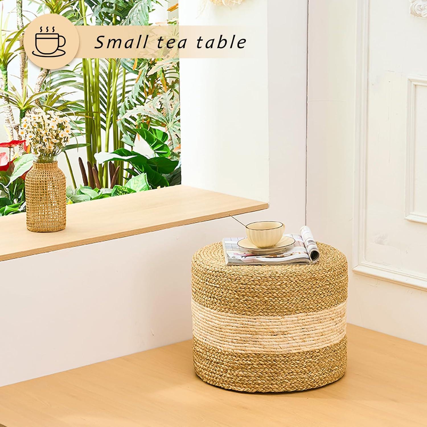 Handmade Woven Seagrass Foot Stool Ottoman Natural Eco-Friendly Home Decor Round Low Seat Rustic Handcrafted Accent Chair