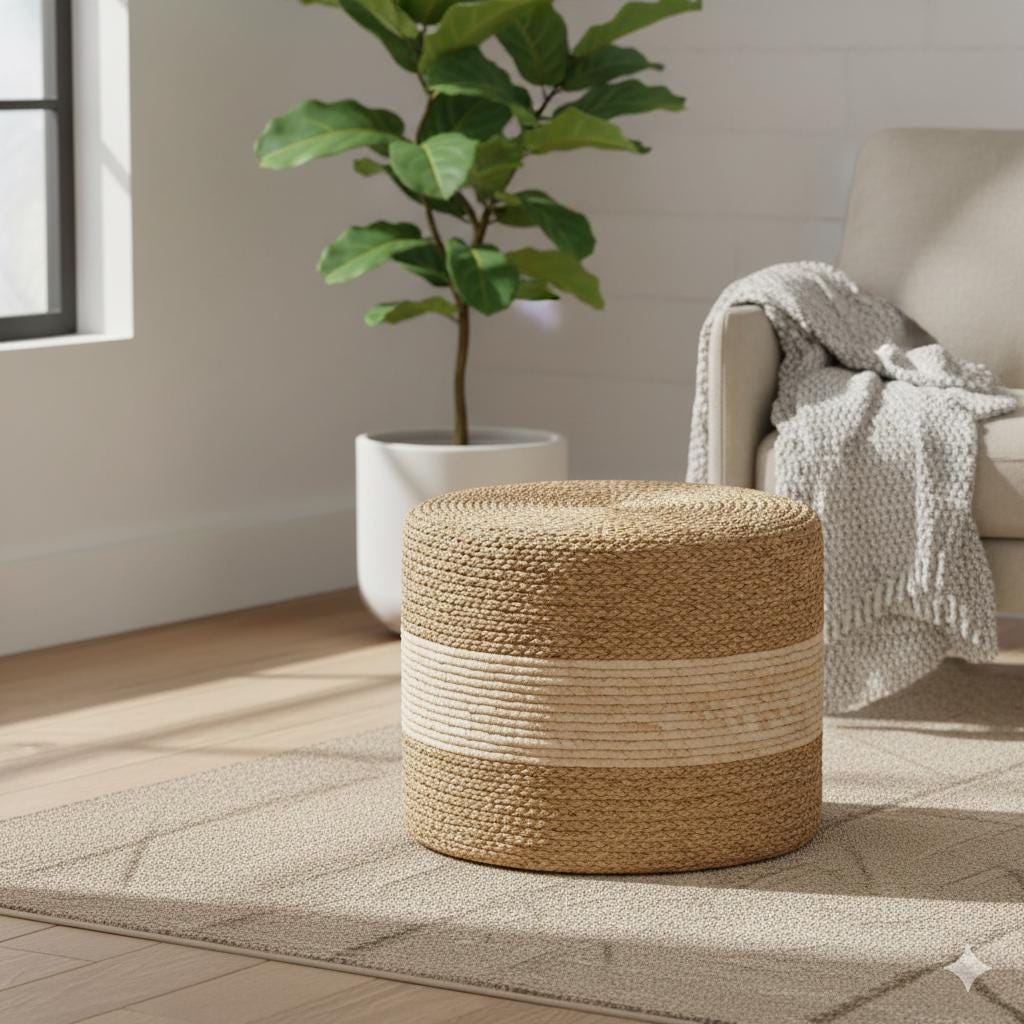 Handmade Woven Seagrass Foot Stool Ottoman Natural Eco-Friendly Home Decor Round Low Seat Rustic Handcrafted Accent Chair