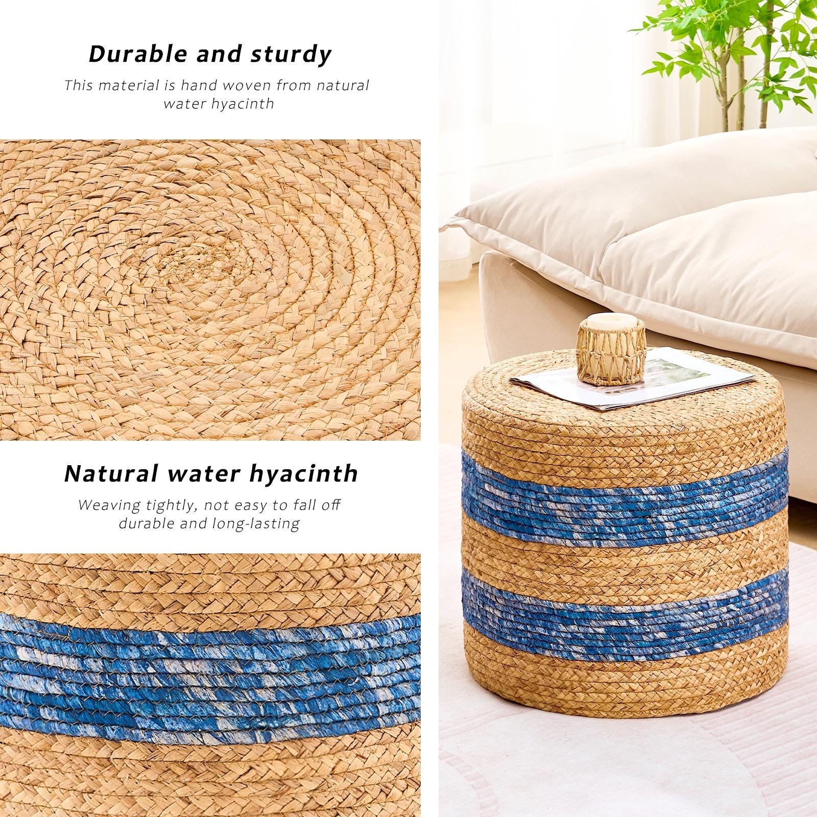 Handmade Woven Water Hyacinth Foot Stool Ottoman Natural Eco-Friendly Rustic Home Decor Low Seat Handcrafted Accent Chair