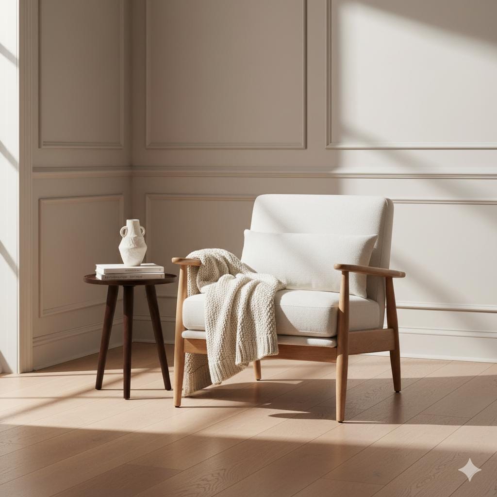 Off-White Linen Lounge Chair, Oak Armrest, Mid-Century Modern Accent