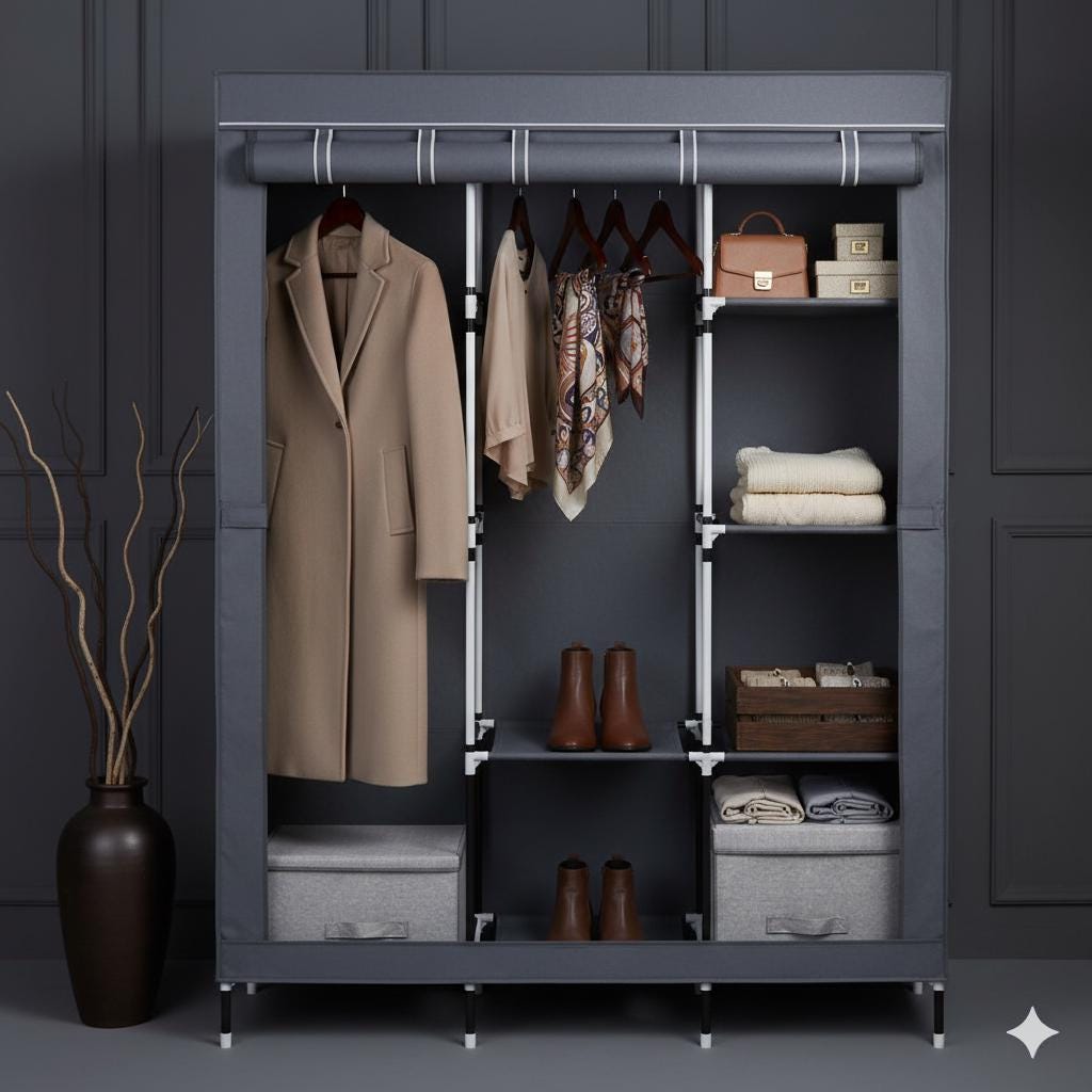 71" Portable Closet Wardrobe Organizer with Shelves, Gray Fabric Clothes Storage Rack