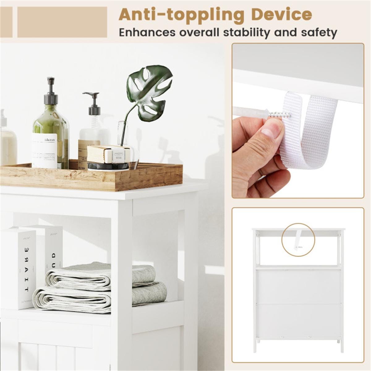 White MDF Bathroom Floor Cabinet with Adjustable Shelves