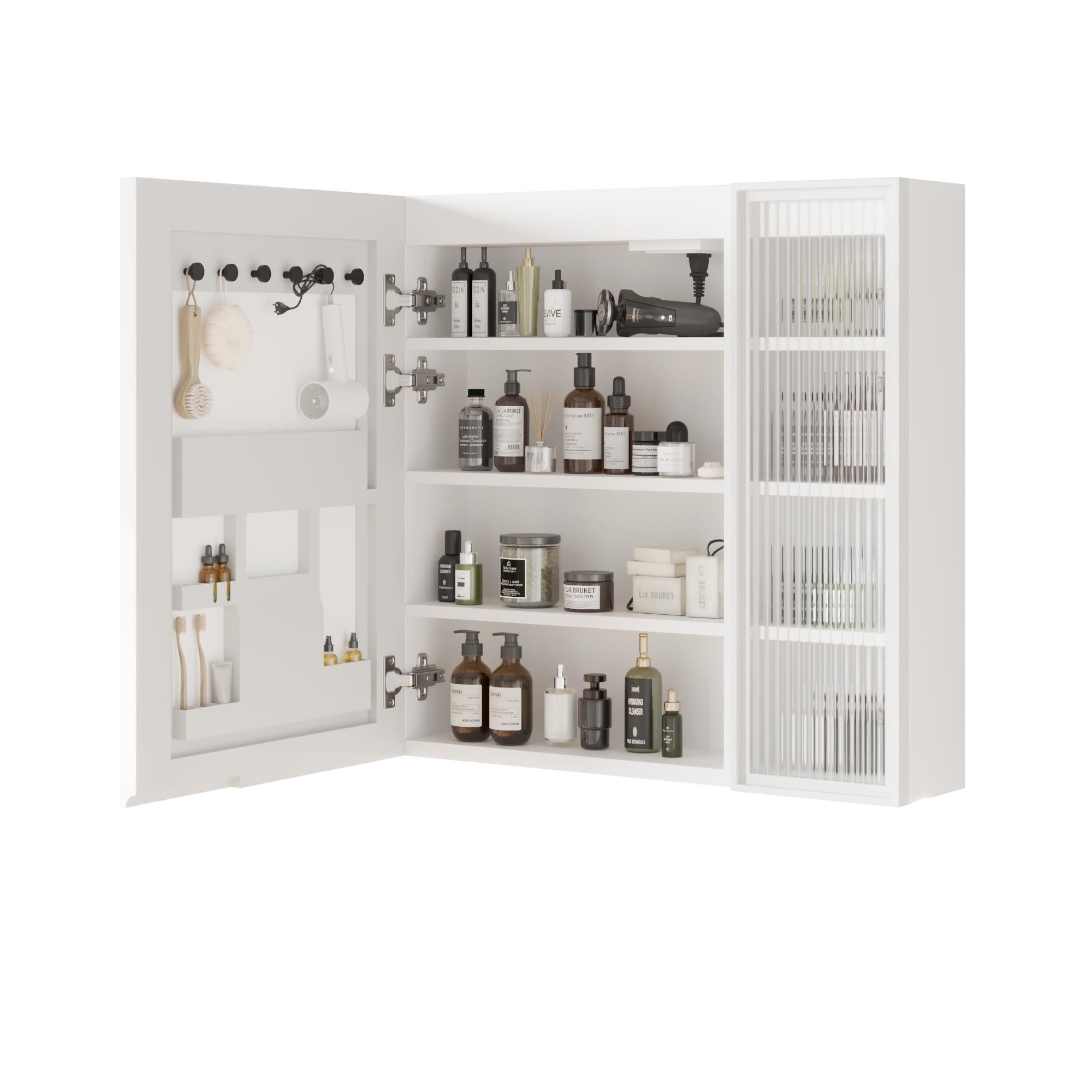 White LED Mirror Cabinet with Time & Temp Display | Wall Storage Cabinet w/ USB Ports, 3-Tone Light, Glass Doors, Bathroom Vanity