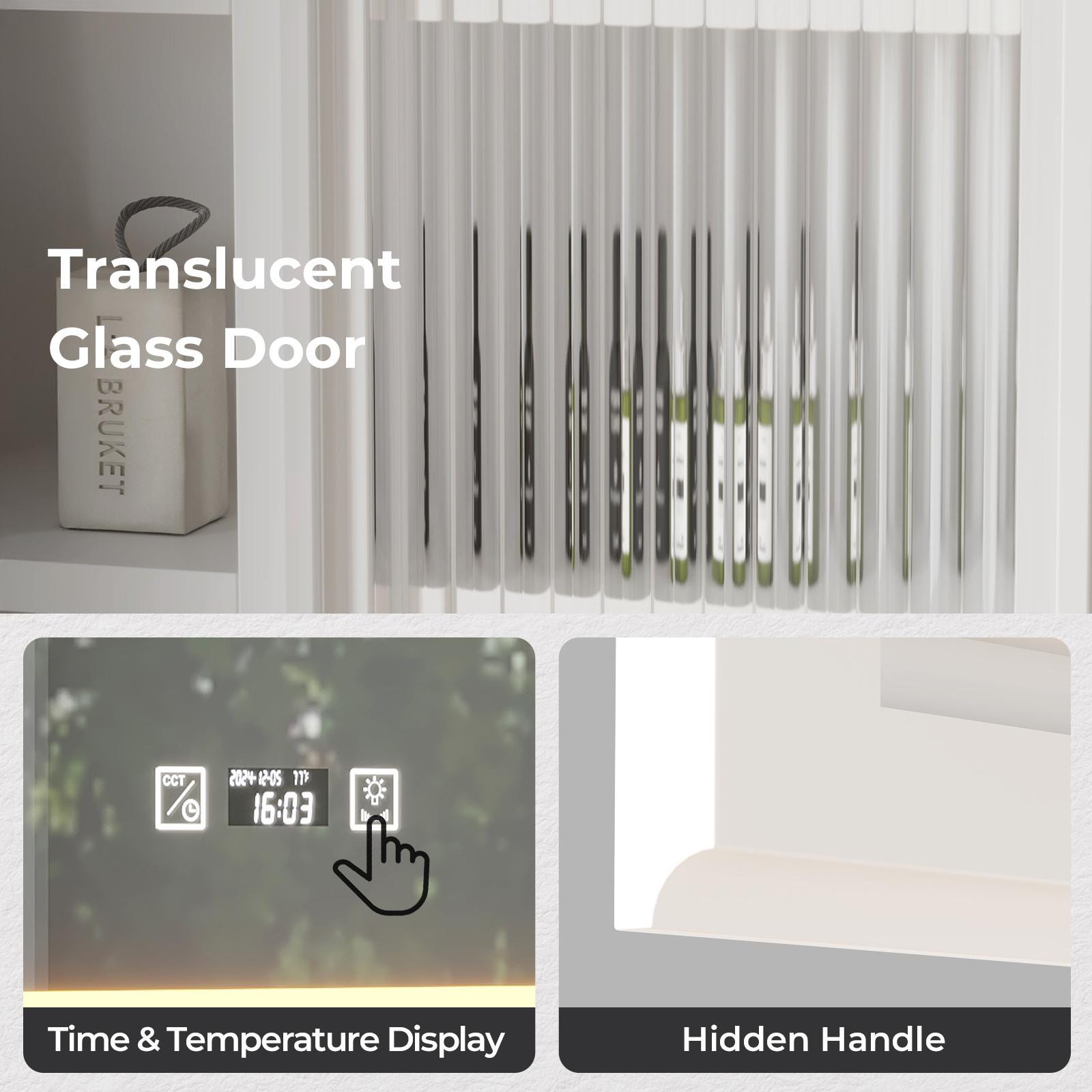 White LED Mirror Cabinet with Time & Temp Display | Wall Storage Cabinet w/ USB Ports, 3-Tone Light, Glass Doors, Bathroom Vanity