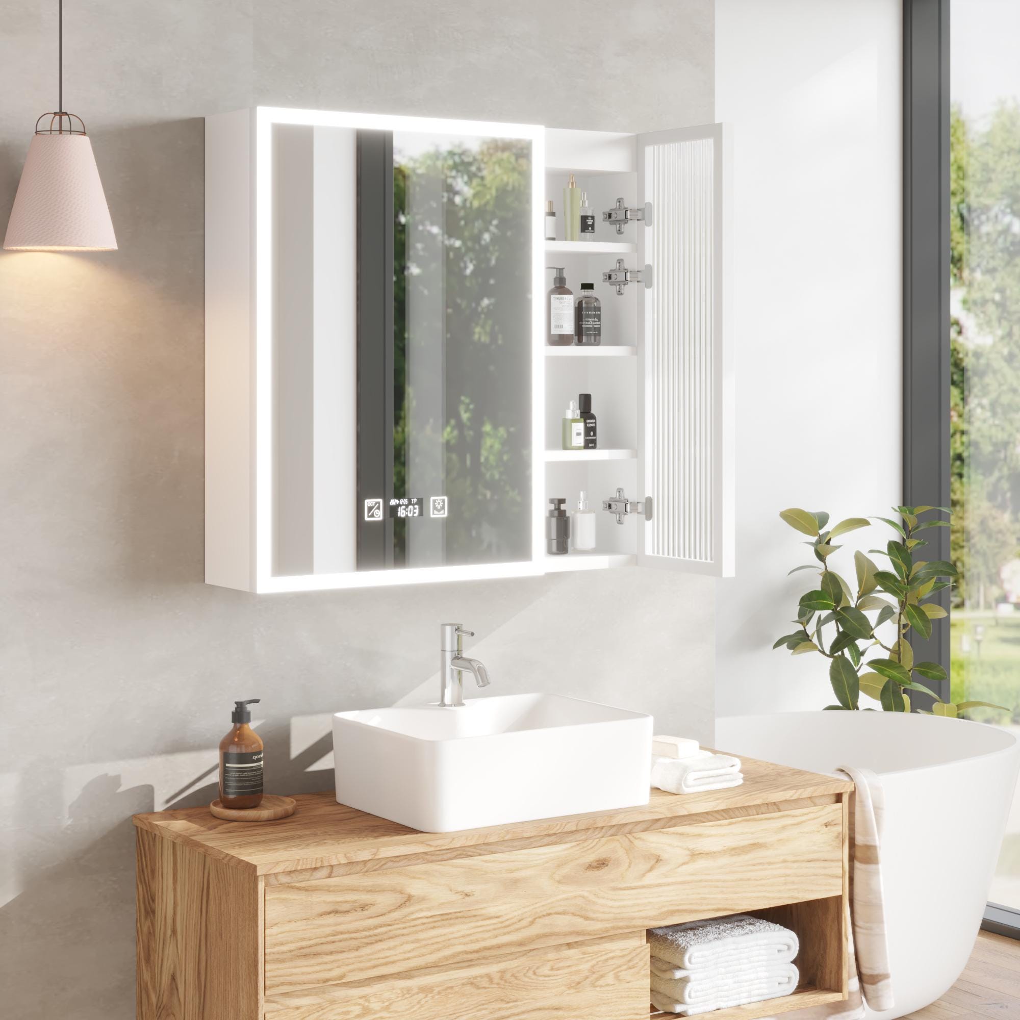 White LED Mirror Cabinet with Time & Temp Display | Wall Storage Cabinet w/ USB Ports, 3-Tone Light, Glass Doors, Bathroom Vanity