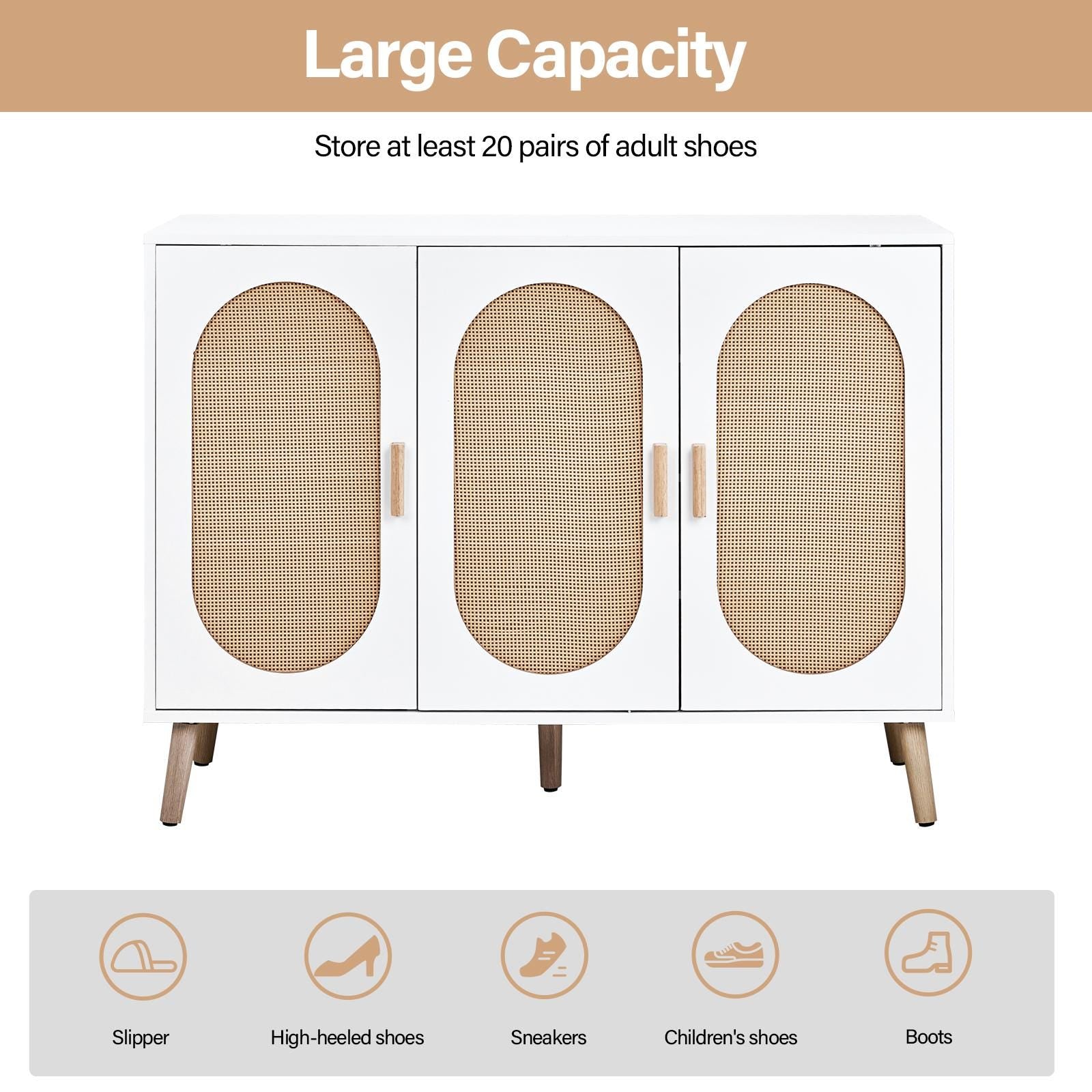 3-Door Vertical Shoe Cabinet with Rattan Finish & Gold Legs – Modern Entryway Organizer