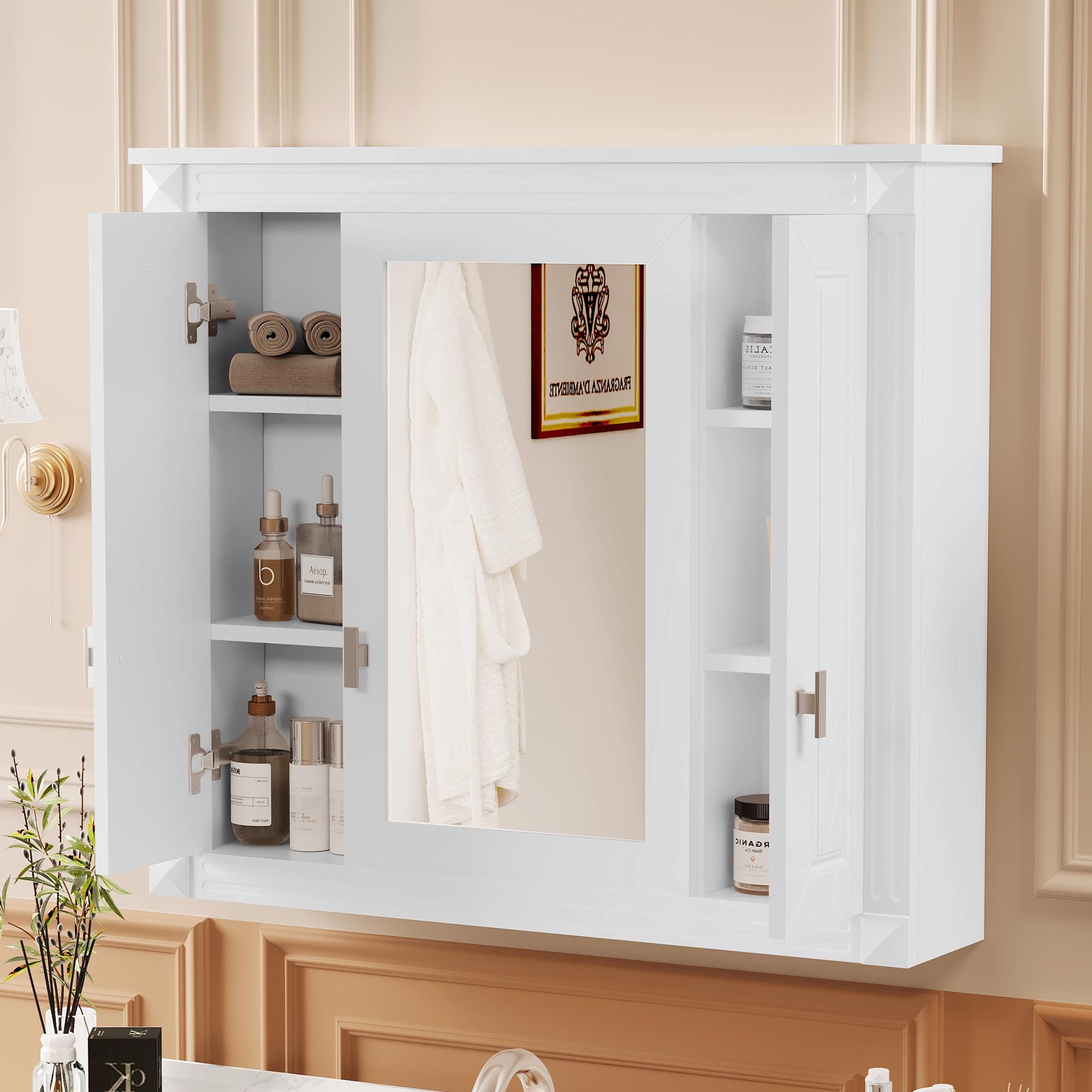 Bathroom Wall Cabinet with Mirror | White Wall Mounted Medicine Cabinet 5 Shelves Over Toilet Storage Organizer Modern MDF