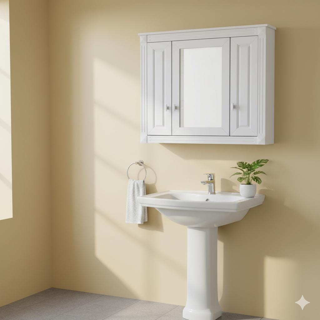 Bathroom Wall Cabinet with Mirror | White Wall Mounted Medicine Cabinet 5 Shelves Over Toilet Storage Organizer Modern MDF