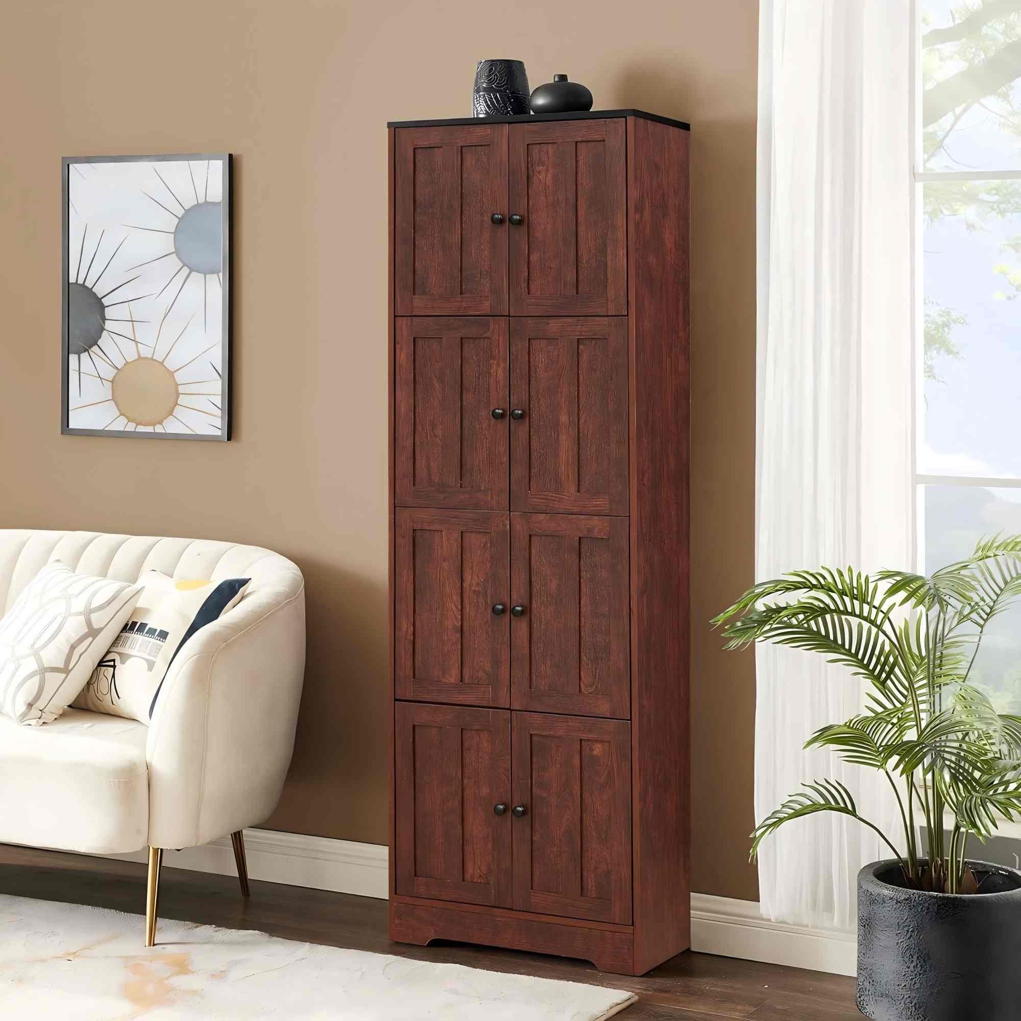 Tall Storage Cabinet 8 Doors 4 Shelves | Walnut Wood Pantry Organizer for Living Room Kitchen Office Bathroom Bedroom Furniture