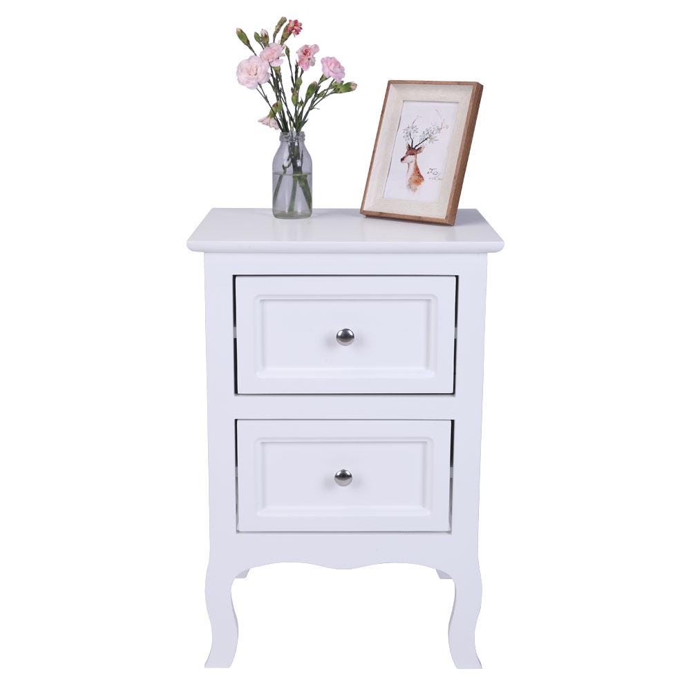 Country Style Two-Tier Night Table White | Rustic Bedroom Side Table Storage Organizer | Bedside Wooden Home Furniture