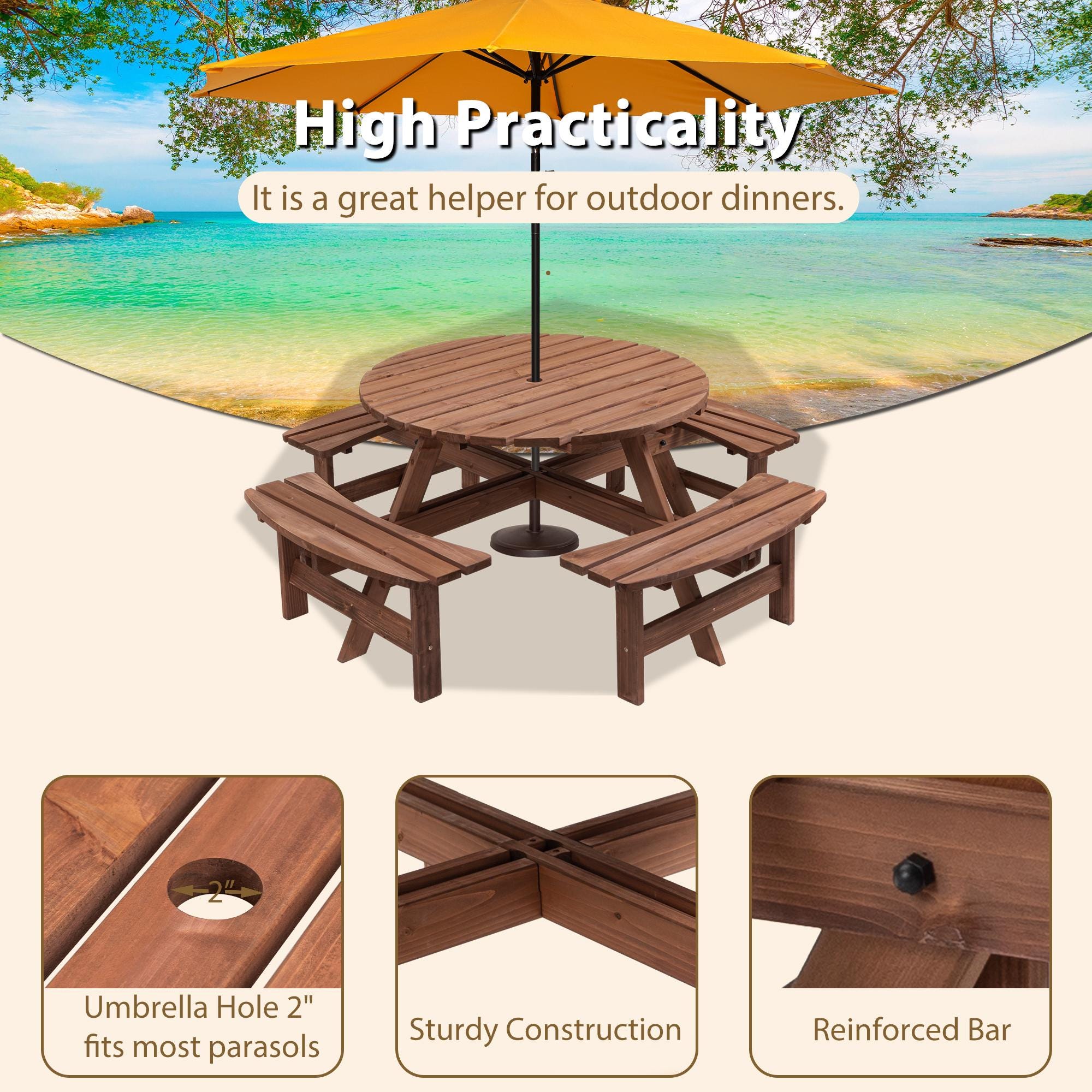 8-Person Outdoor Circular Wooden Picnic Table with 4 Built-In Benches | Patio Backyard Garden Dining Table Brown