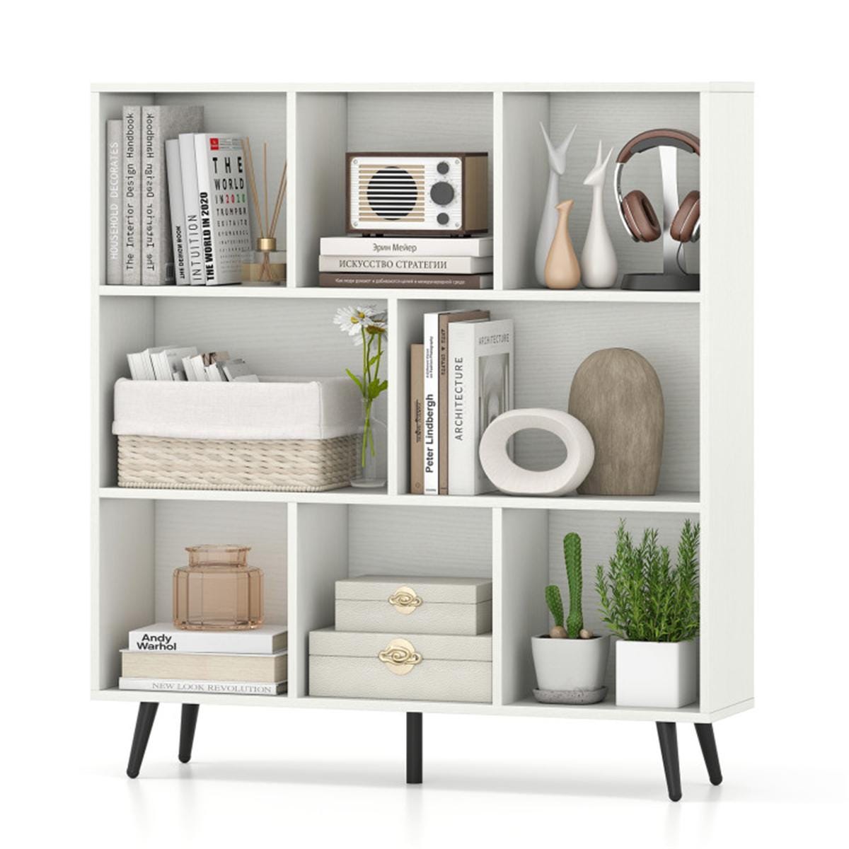 8 Cube Bookcase 3-Tier Modern Bookshelf with Metal Legs | White Storage Organizer for Home Office Decor & Display