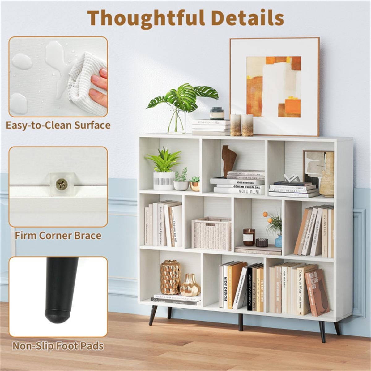 10 Cube Bookcase 3-Tier Modern Storage Organizer with Metal Legs | Bookshelves for Home, Office, Living Room, Kids Room